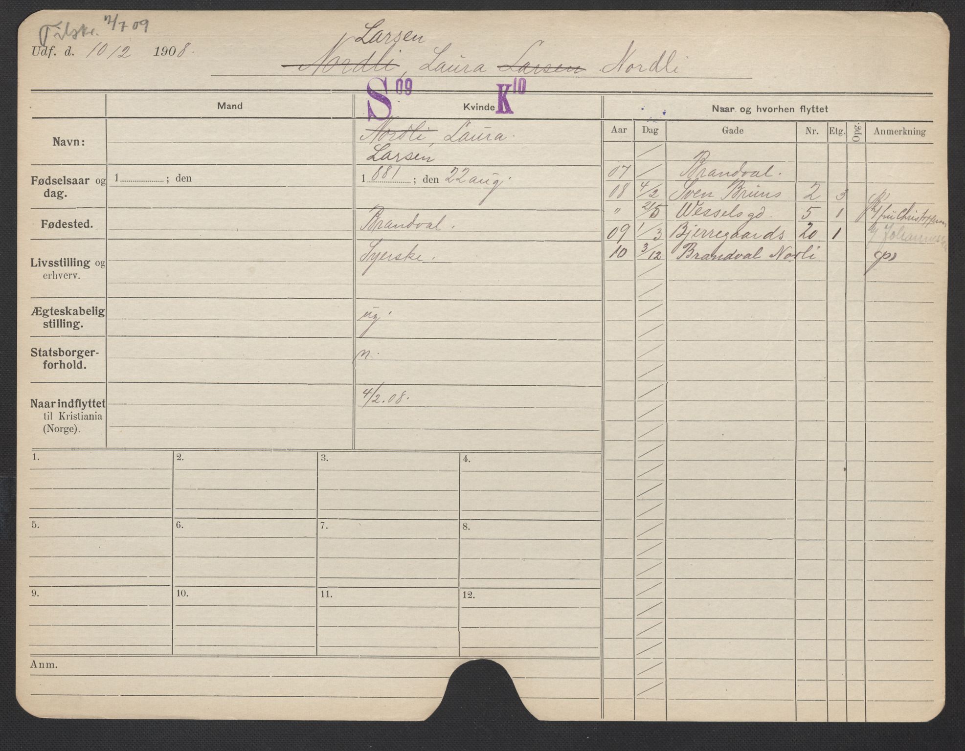 Oslo folkeregister, Registerkort, AV/SAO-A-11715/F/Fa/Fac/L0019: Kvinner, 1906-1914, p. 1025a