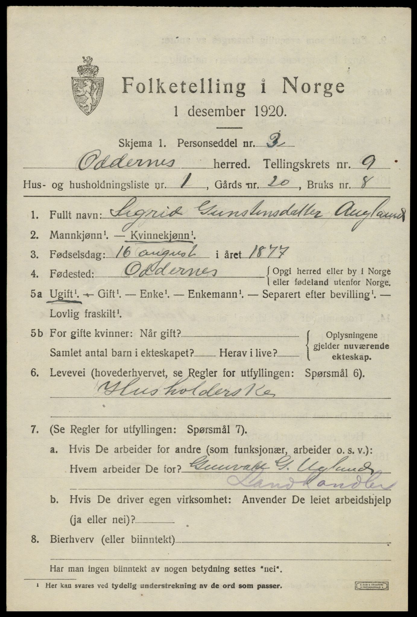 SAK, 1920 census for Oddernes, 1920, p. 6047