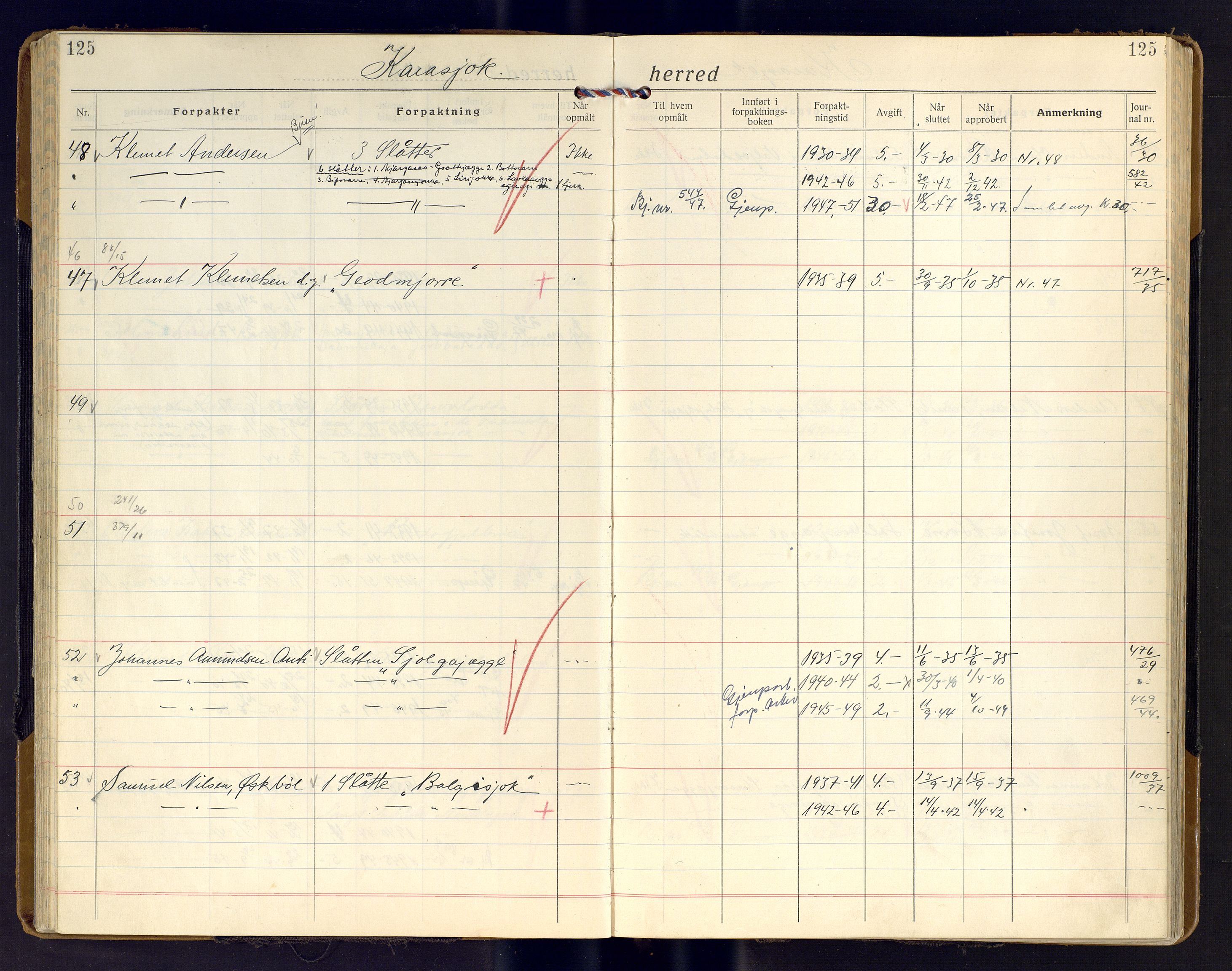 Finnmark jordsalgskommisjon/jordsalgskontor og Statskog SF Finnmark jordsalgskontor, AV/SATØ-S-1443/J/Ja/L0011: Forpaktningsbok for Finnmark II, 1921-1948, p. 125