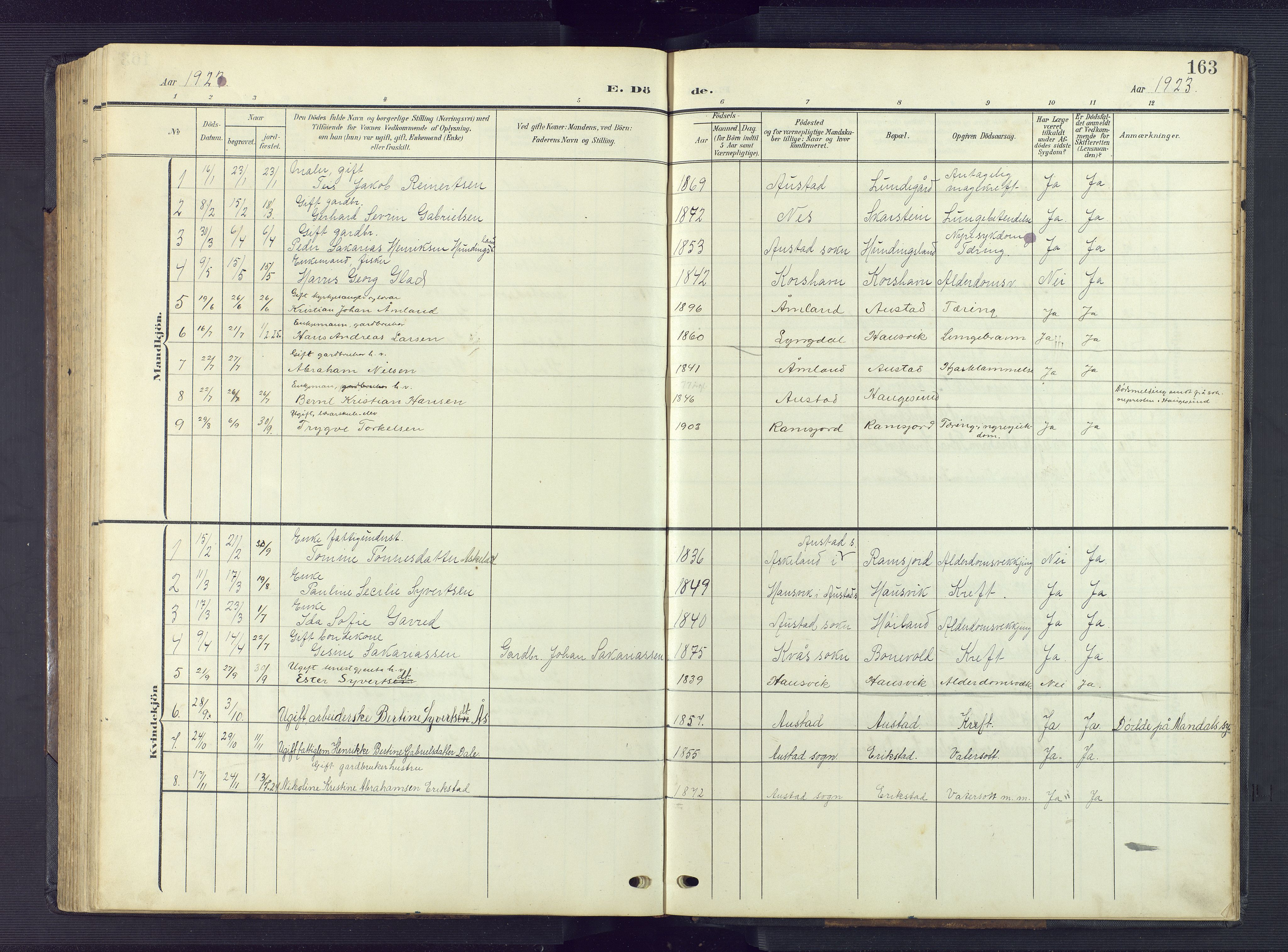 Lyngdal sokneprestkontor, AV/SAK-1111-0029/F/Fb/Fba/L0004: Parish register (copy) no. B 4, 1904-1950, p. 163