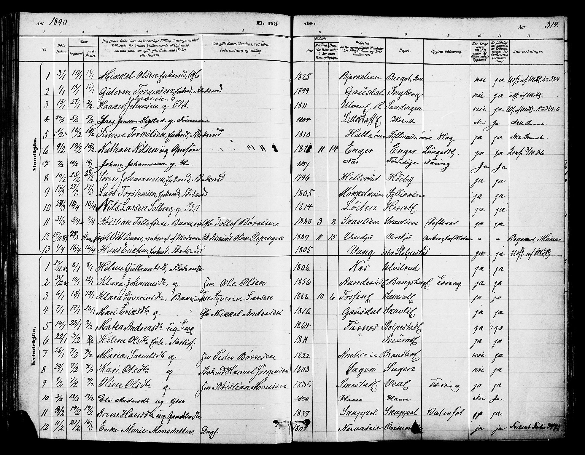 Ringsaker prestekontor, SAH/PREST-014/K/Ka/L0012: Parish register (official) no. 12, 1879-1890, p. 314