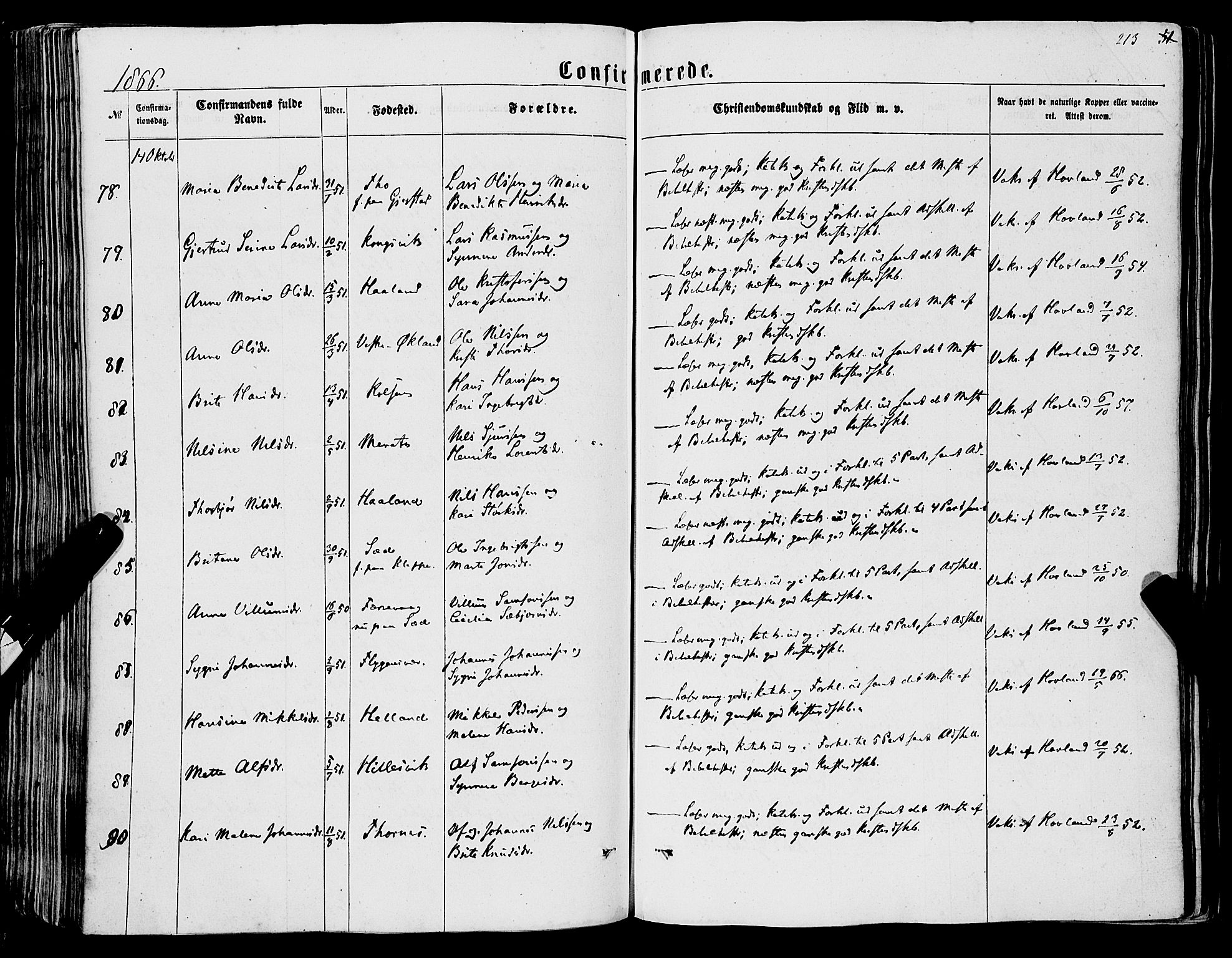 Tysnes sokneprestembete, SAB/A-78601/H/Haa: Parish register (official) no. A 11, 1860-1871, p. 213