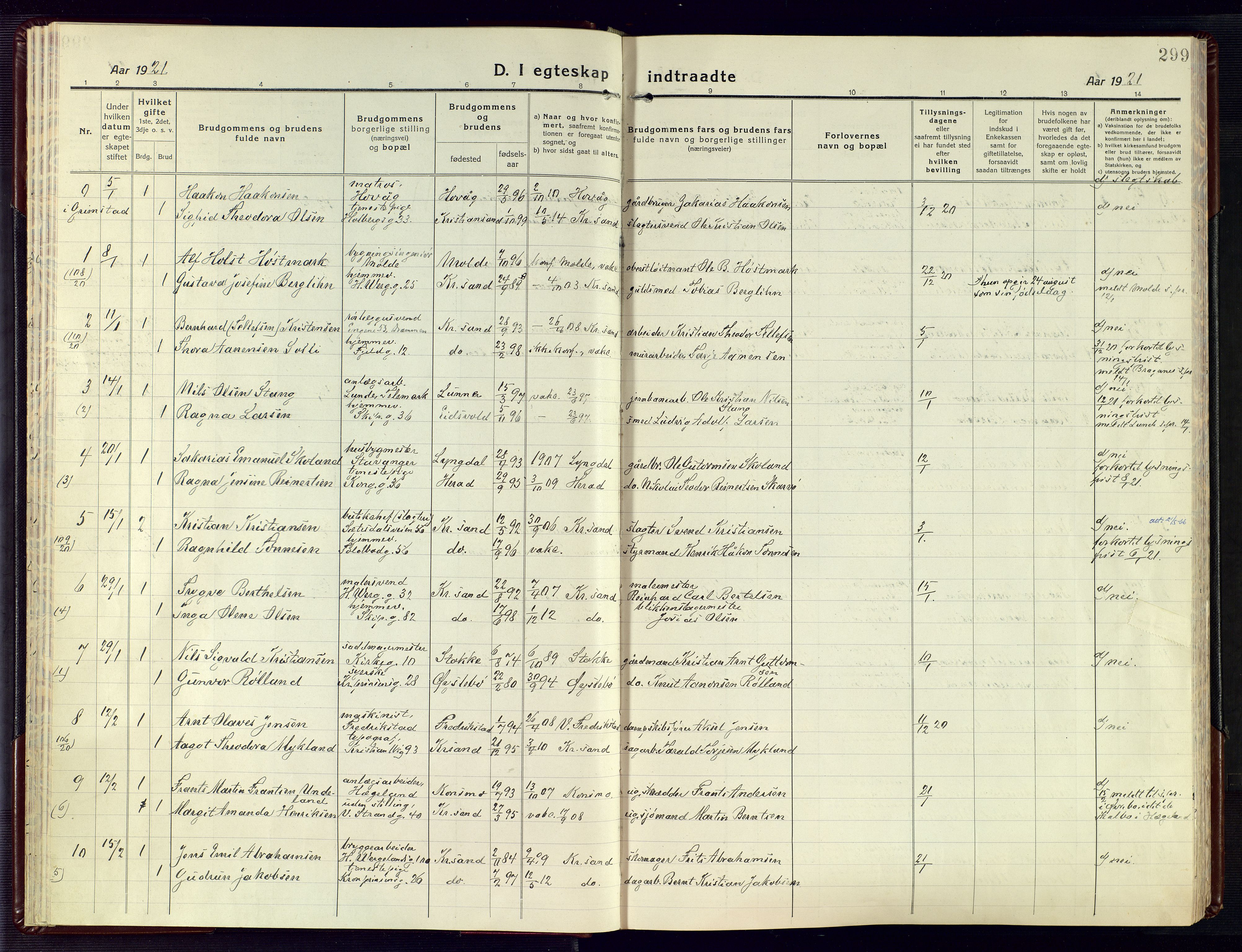 Kristiansand domprosti, AV/SAK-1112-0006/F/Fa/L0028: Parish register (official) no. A 27, 1917-1926, p. 299