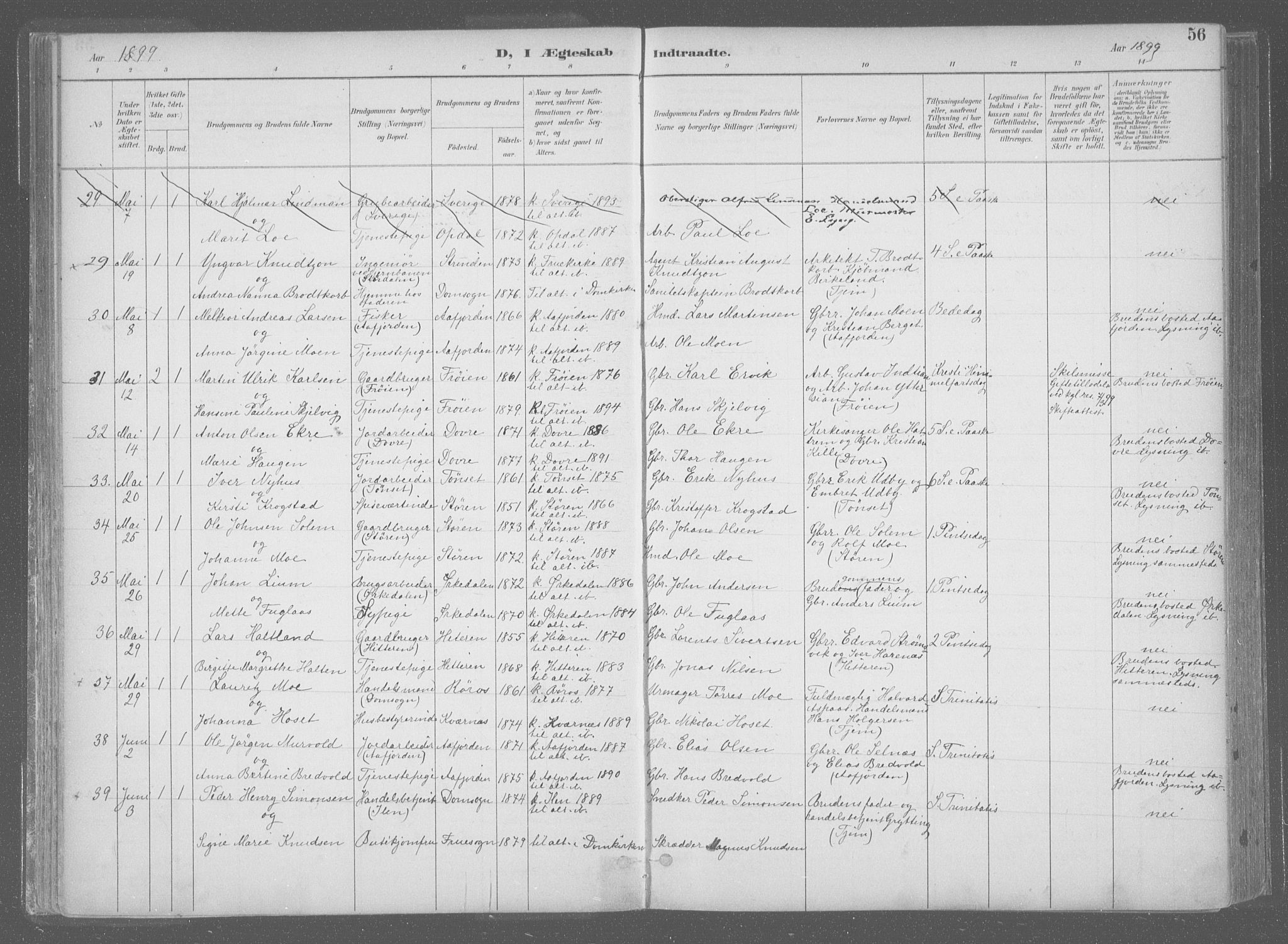 Ministerialprotokoller, klokkerbøker og fødselsregistre - Sør-Trøndelag, AV/SAT-A-1456/601/L0064: Parish register (official) no. 601A31, 1891-1911, p. 56