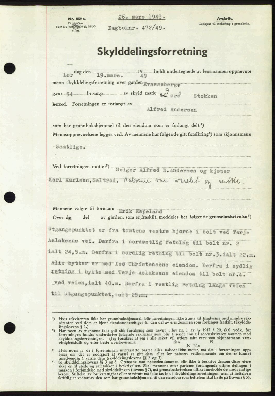 Nedenes sorenskriveri, SAK/1221-0006/G/Gb/Gba/L0060: Mortgage book no. A12, 1948-1949, Diary no: : 472/1949