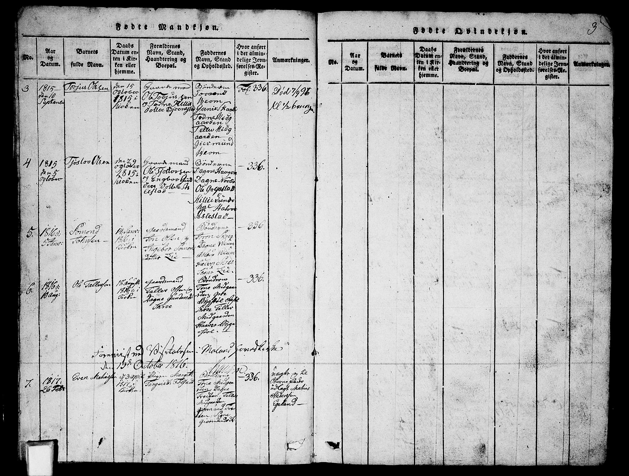 Fyresdal kirkebøker, SAKO/A-263/G/Ga/L0003: Parish register (copy) no. I 3, 1815-1863, p. 3