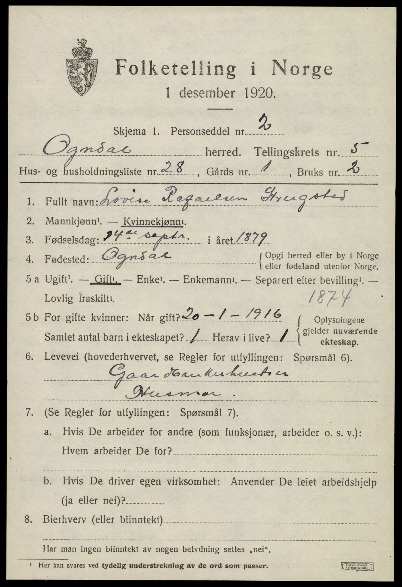 SAT, 1920 census for Ogndal, 1920, p. 2271