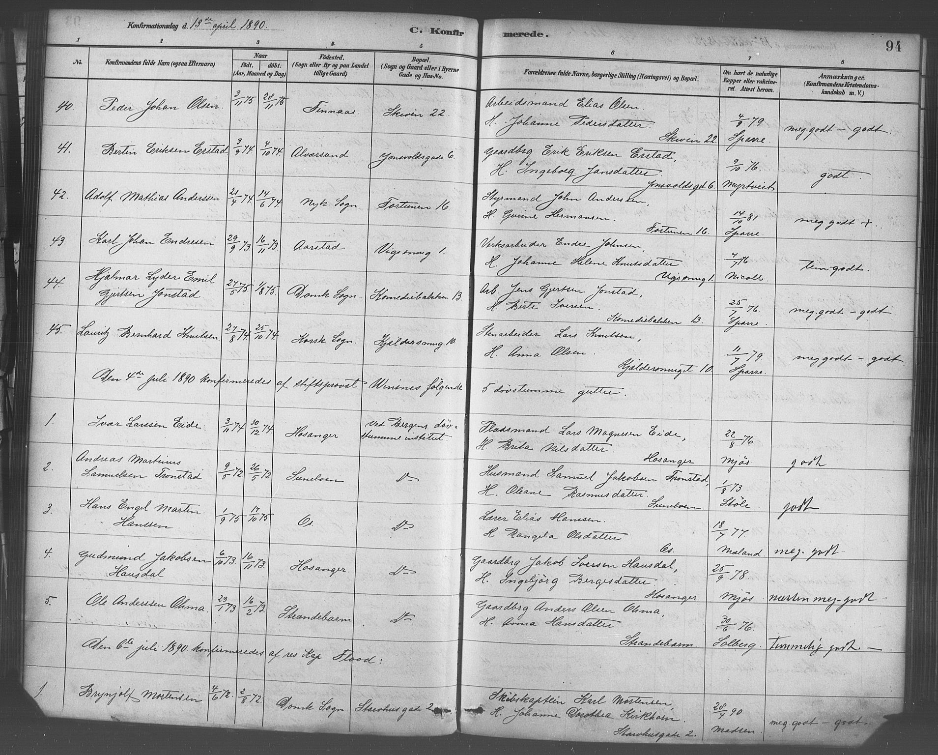 Domkirken sokneprestembete, SAB/A-74801/H/Haa/L0030: Parish register (official) no. C 5, 1880-1898, p. 94