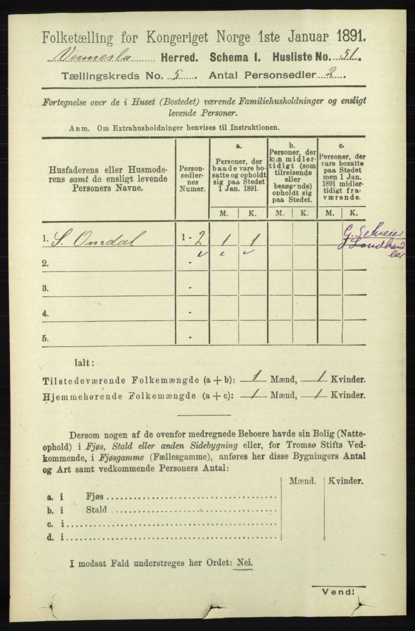 RA, 1891 census for 1014 Vennesla, 1891, p. 1204