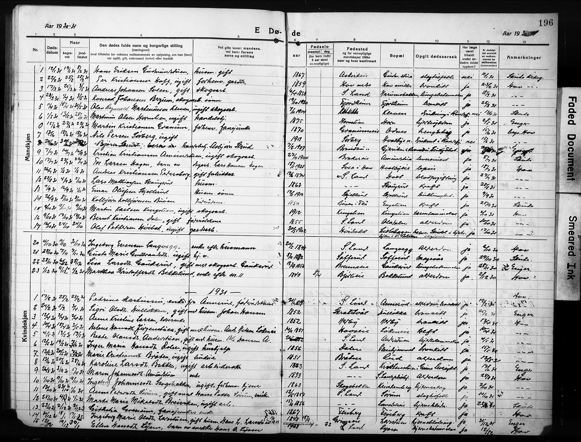 Søndre Land prestekontor, AV/SAH-PREST-122/L/L0007: Parish register (copy) no. 7, 1915-1932, p. 196