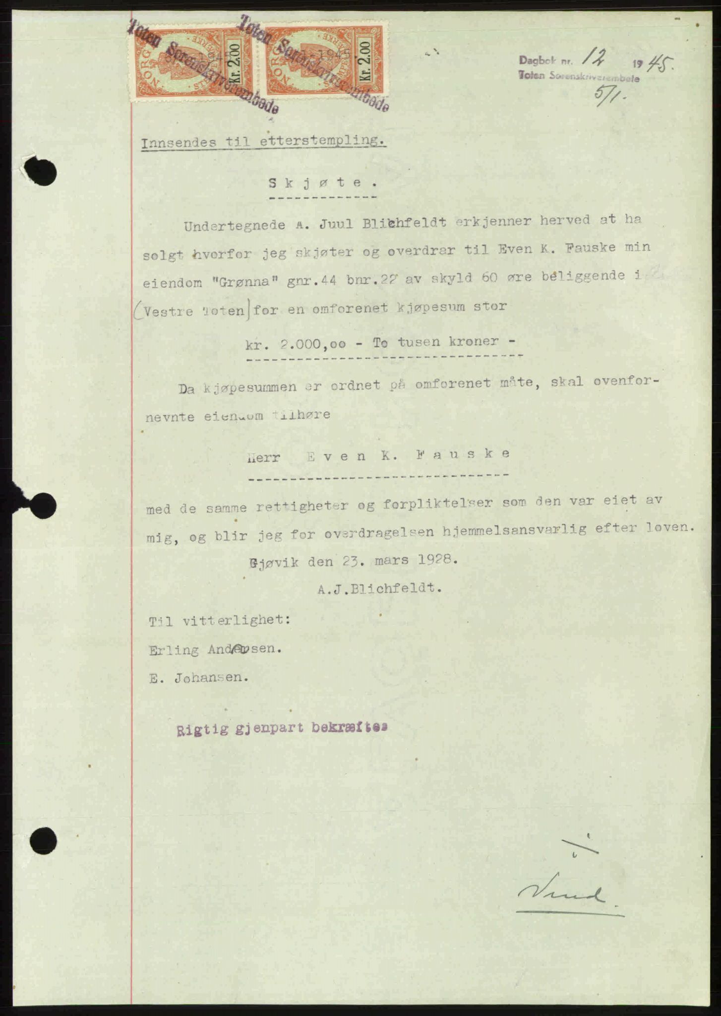 Toten tingrett, SAH/TING-006/H/Hb/Hbc/L0013: Mortgage book no. Hbc-13, 1945-1945, Diary no: : 12/1945