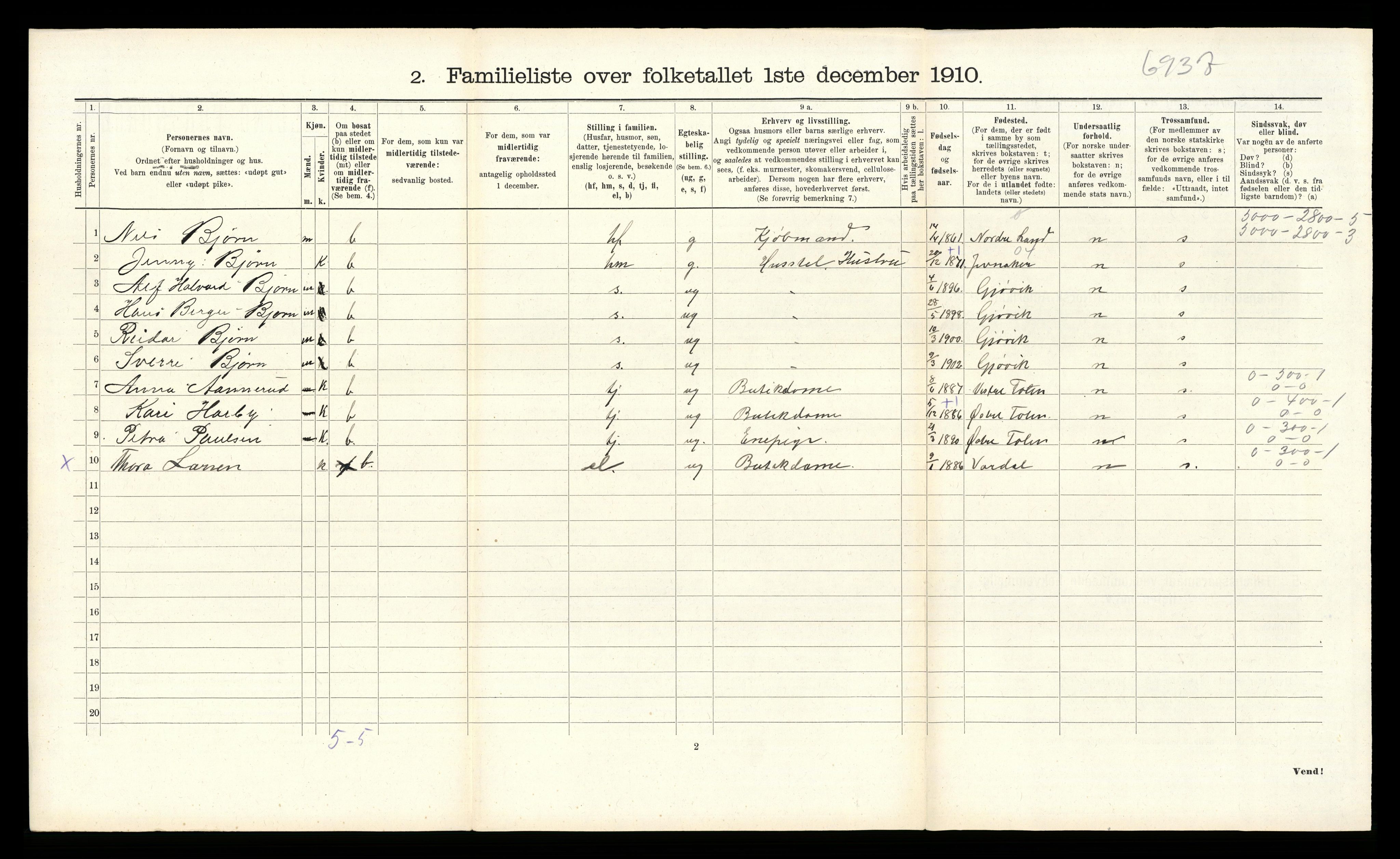 RA, 1910 census for Gjøvik, 1910, p. 483