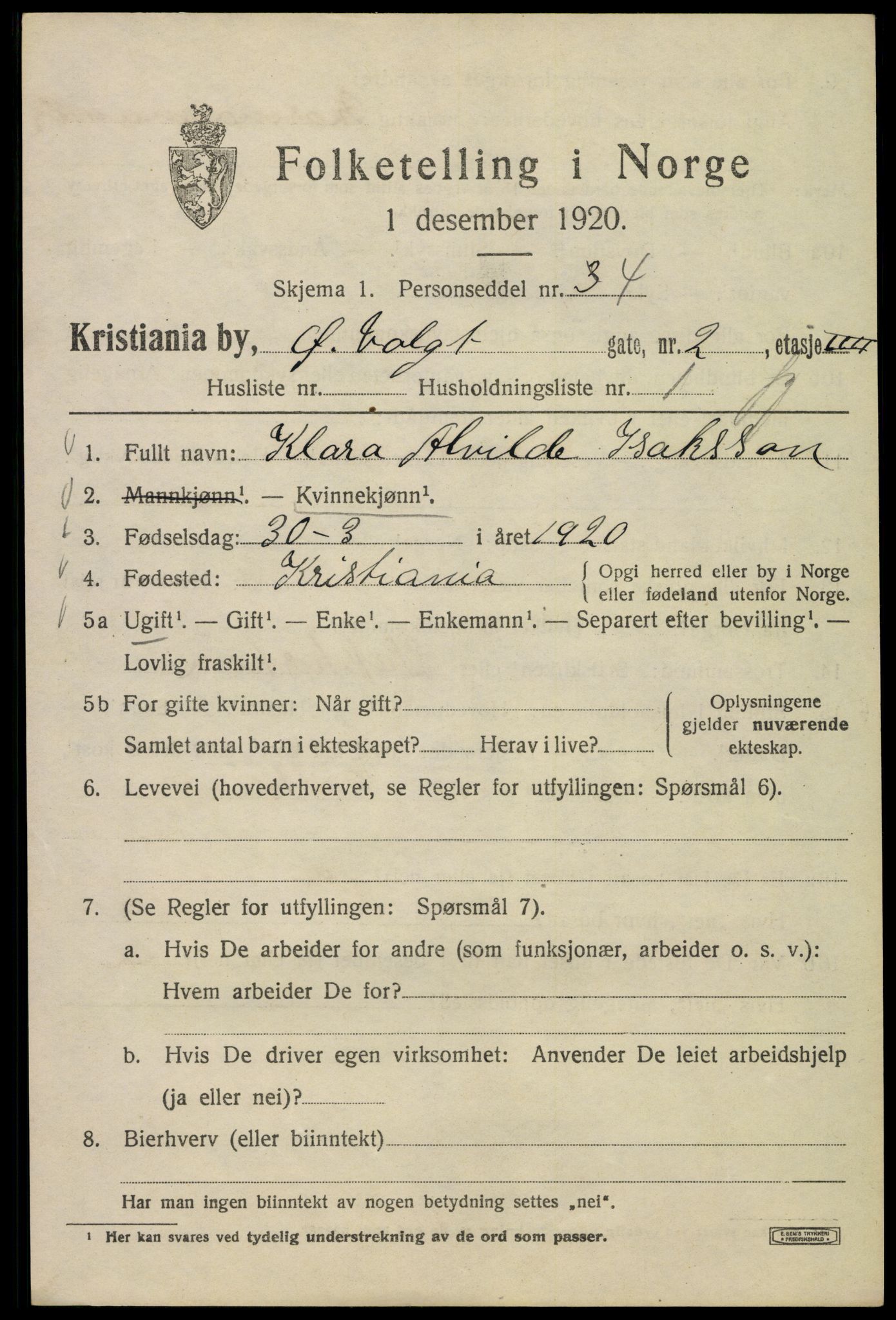 SAO, 1920 census for Kristiania, 1920, p. 658409