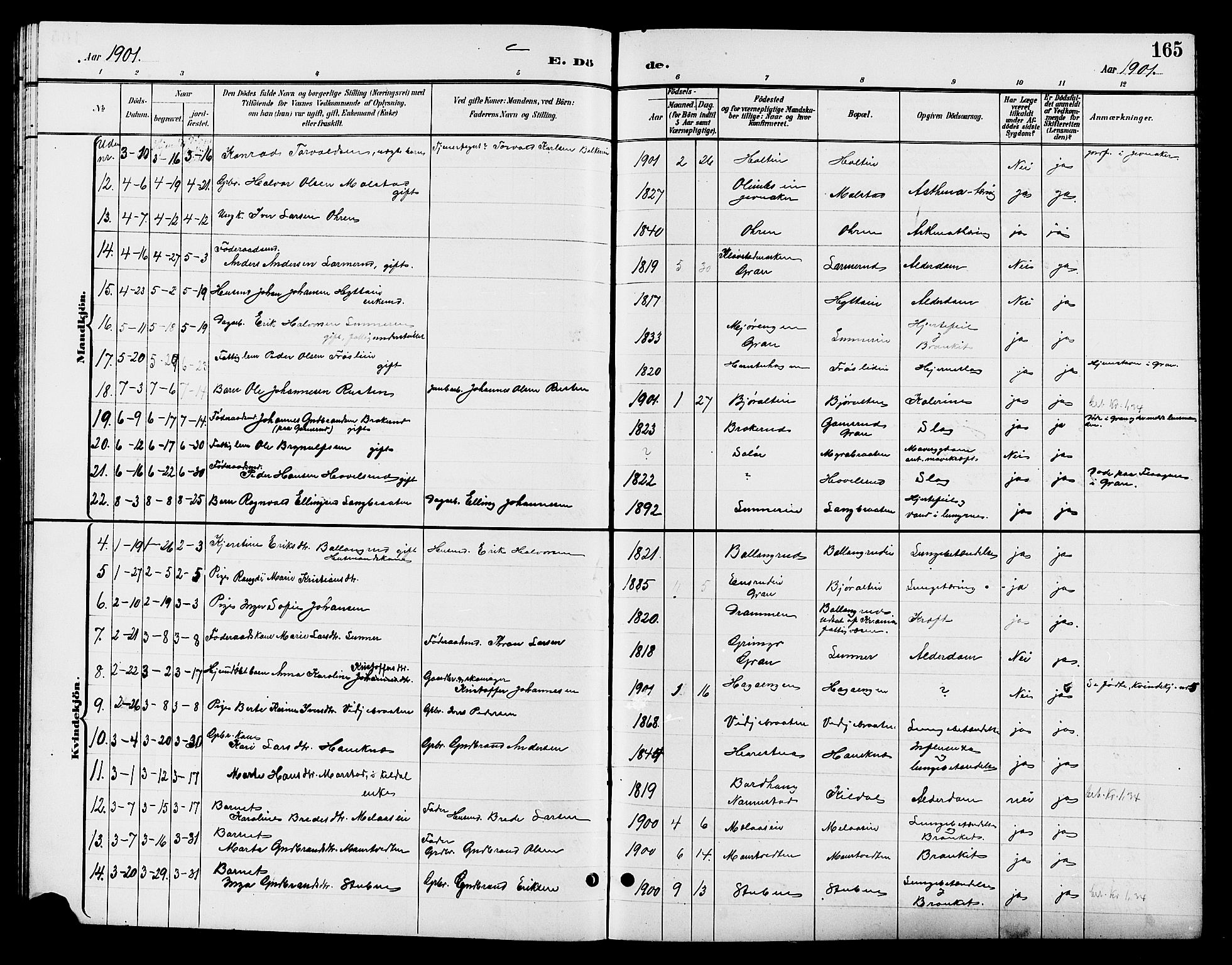 Jevnaker prestekontor, SAH/PREST-116/H/Ha/Hab/L0003: Parish register (copy) no. 3, 1896-1909, p. 165