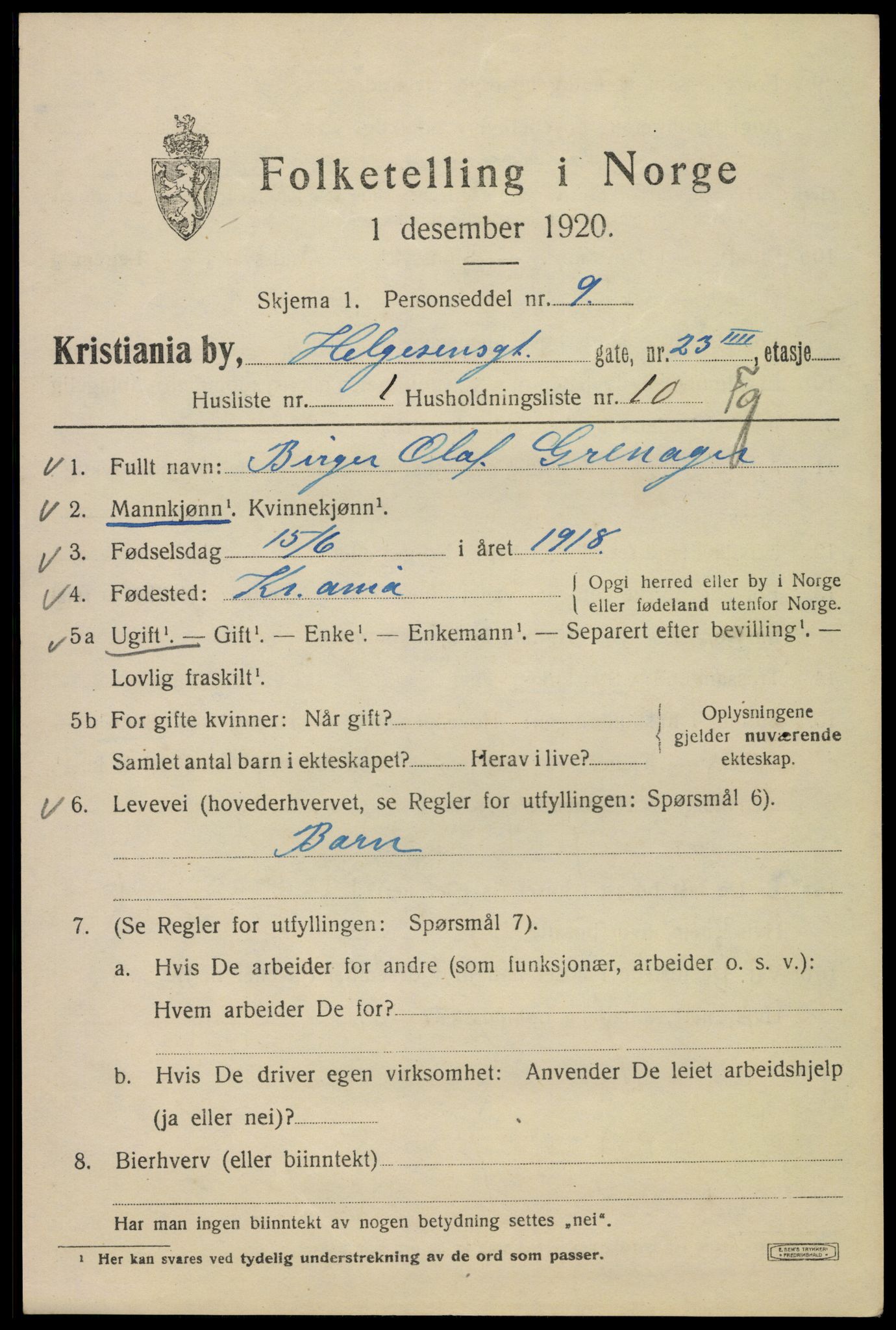 SAO, 1920 census for Kristiania, 1920, p. 284317