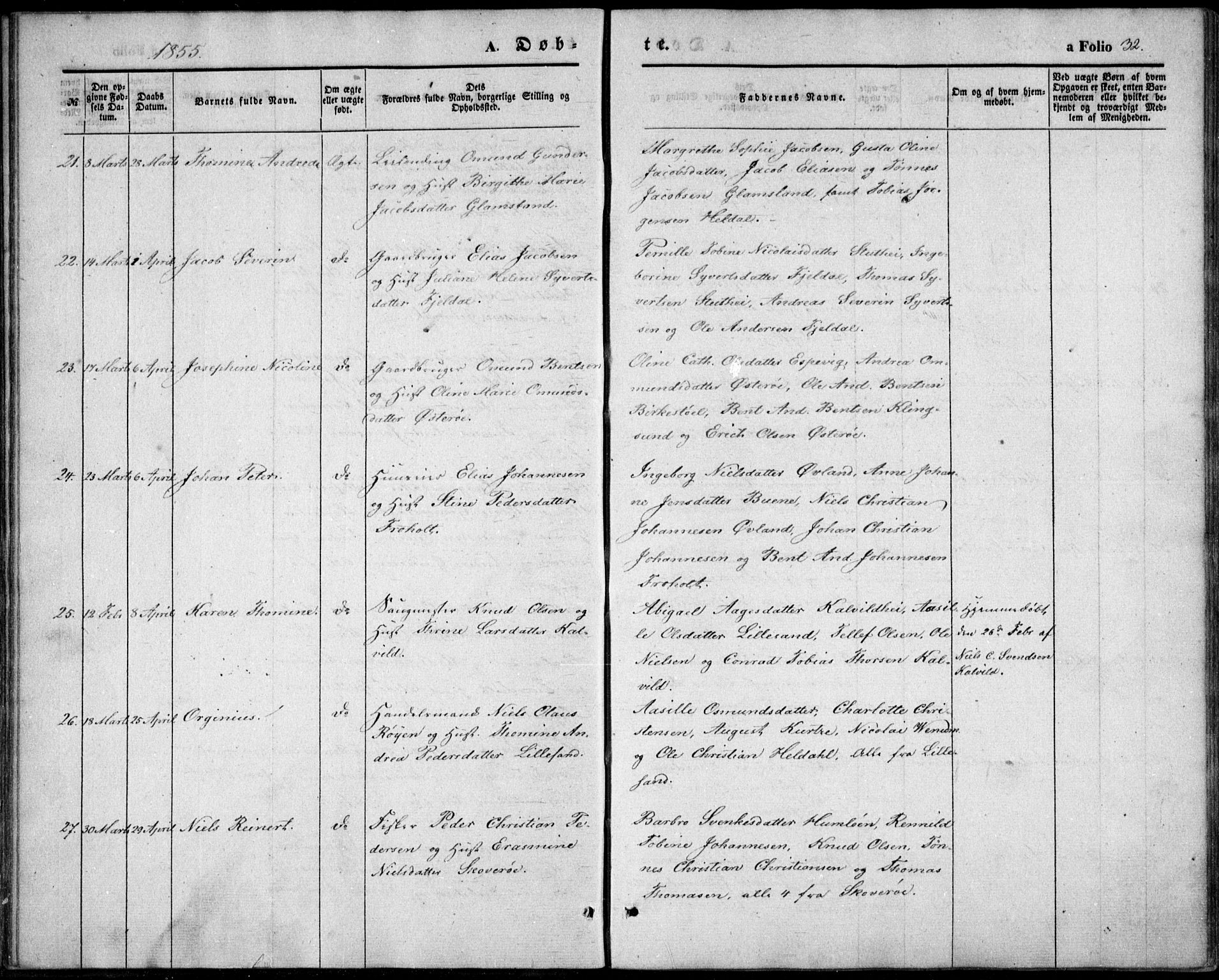 Vestre Moland sokneprestkontor, AV/SAK-1111-0046/F/Fb/Fbb/L0003: Parish register (copy) no. B 3, 1851-1861, p. 32