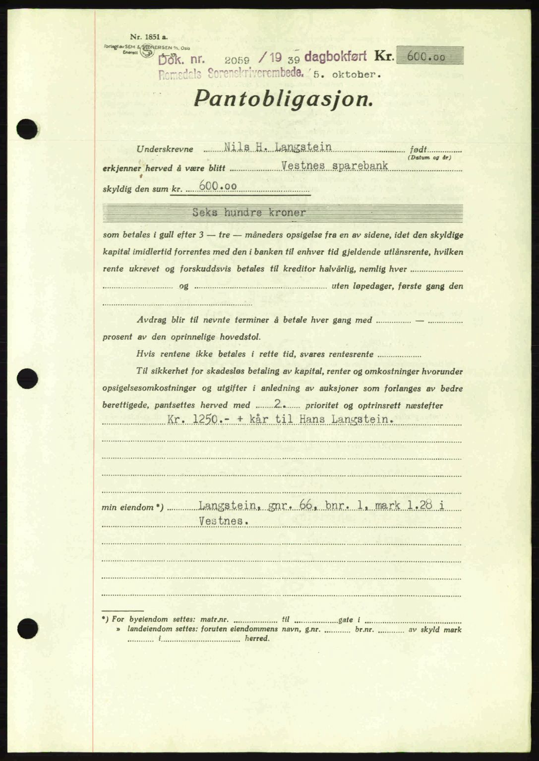 Romsdal sorenskriveri, AV/SAT-A-4149/1/2/2C: Mortgage book no. B2, 1939-1945, Diary no: : 2059/1939