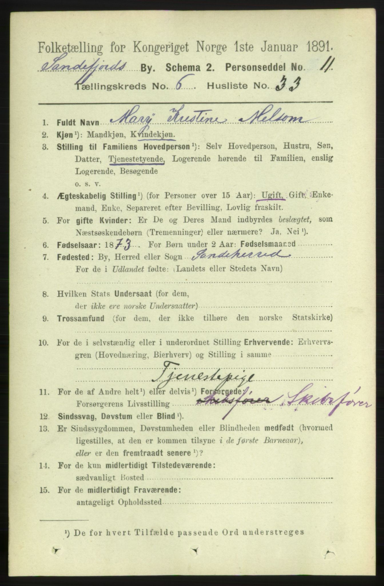 RA, 1891 census for 0706 Sandefjord, 1891, p. 2724