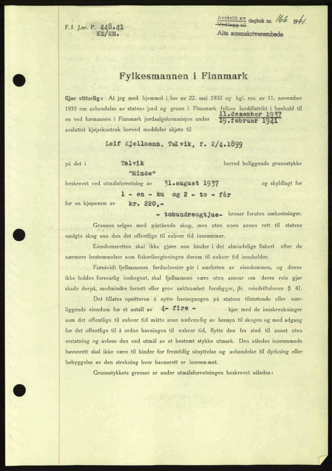 Alta fogderi/sorenskriveri, SATØ/SATØ-5/1/K/Kd/L0033pantebok: Mortgage book no. 33, 1940-1943, Diary no: : 166/1941