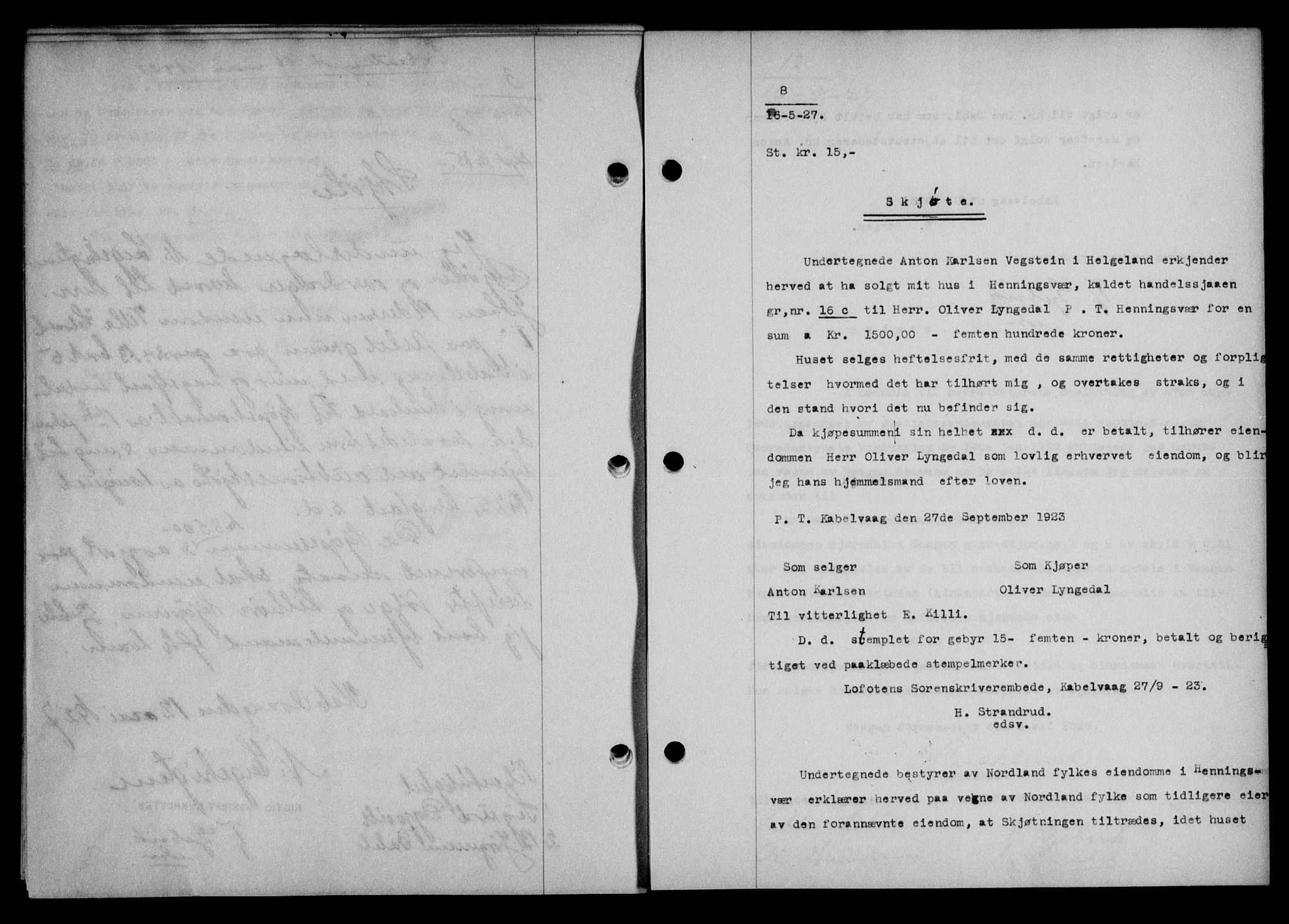 Lofoten sorenskriveri, SAT/A-0017/1/2/2C/L0015b: Mortgage book no. 15b, 1927-1927, Deed date: 16.05.1927
