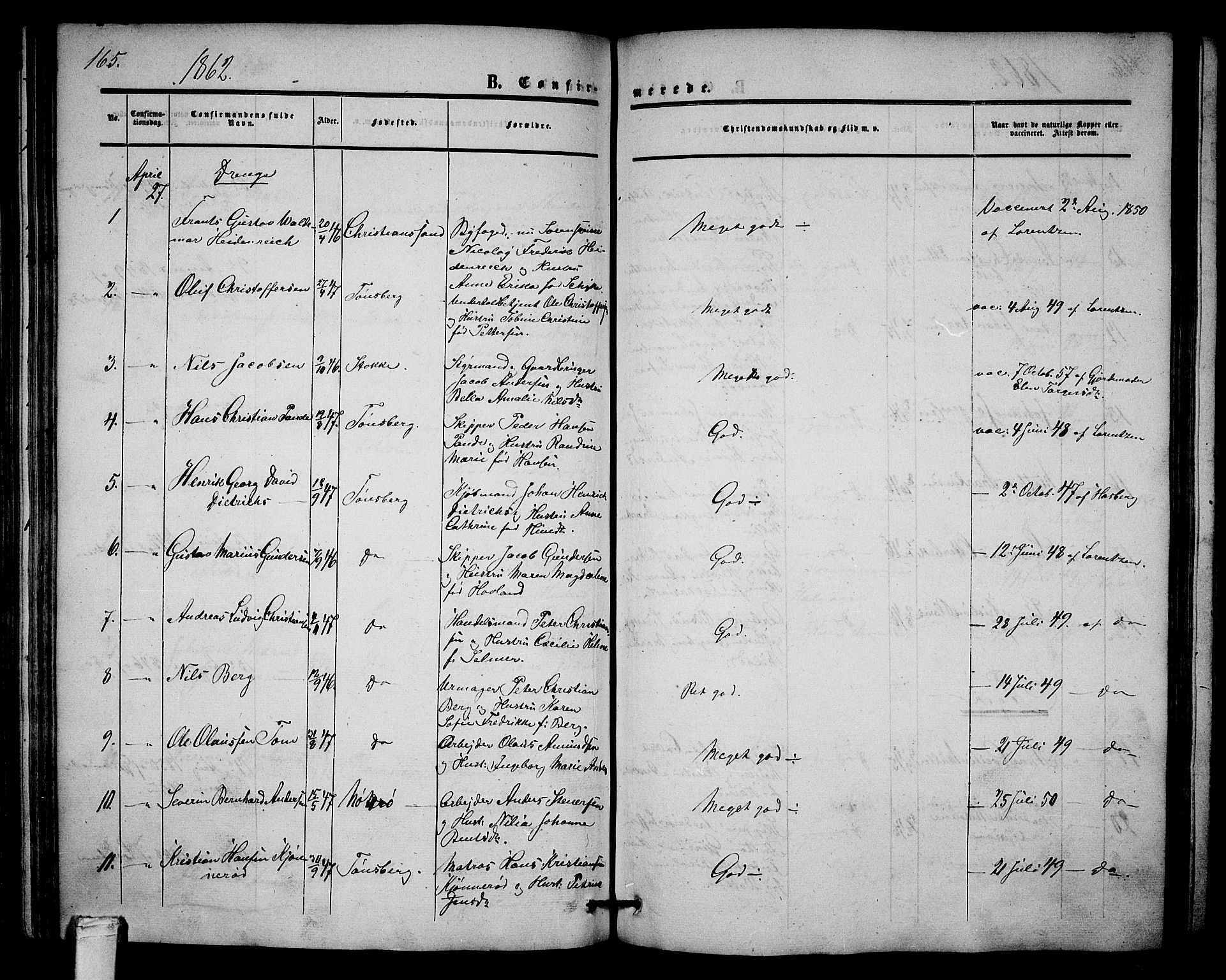 Tønsberg kirkebøker, AV/SAKO-A-330/G/Ga/L0003: Parish register (copy) no. 3, 1855-1864, p. 165