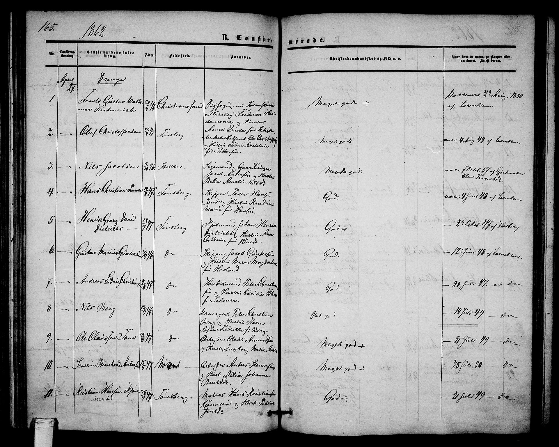 Tønsberg kirkebøker, AV/SAKO-A-330/G/Ga/L0003: Parish register (copy) no. 3, 1855-1864, p. 165