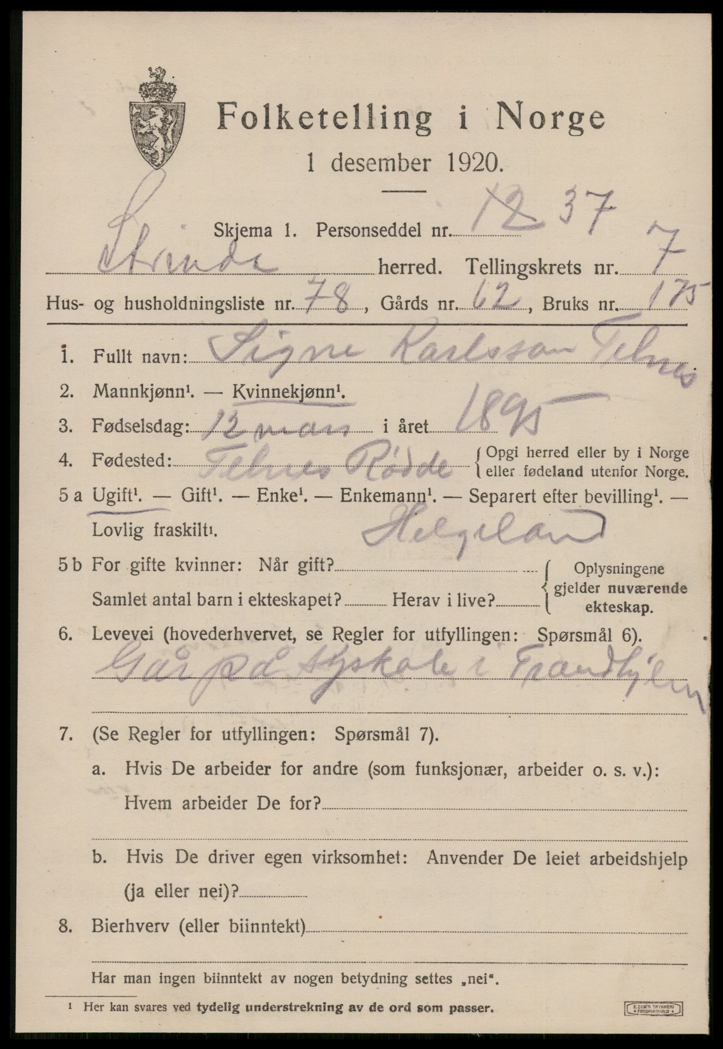 SAT, 1920 census for Strinda, 1920, p. 19764