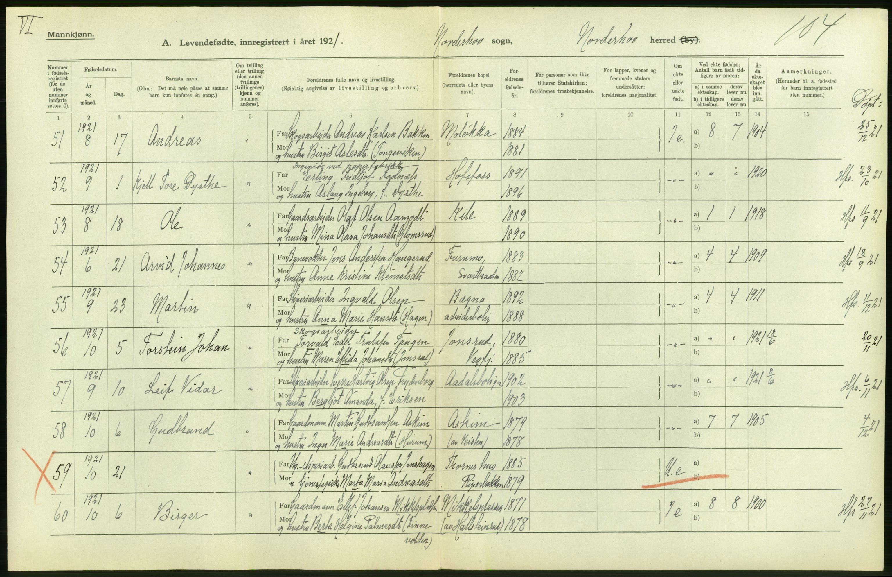 Statistisk sentralbyrå, Sosiodemografiske emner, Befolkning, AV/RA-S-2228/D/Df/Dfc/Dfca/L0018: Buskerud fylke: Levendefødte menn og kvinner. Bygder., 1921, p. 16