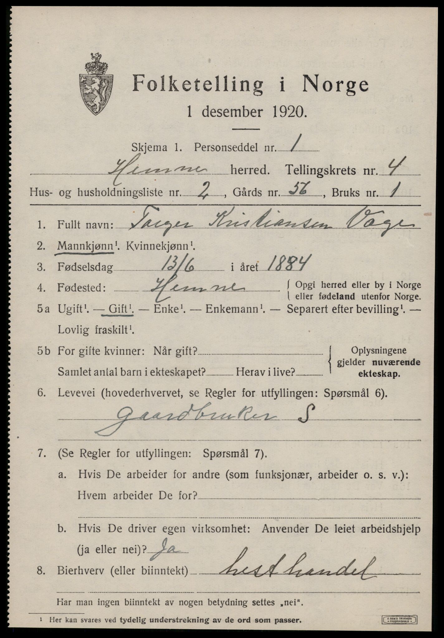 SAT, 1920 census for Hemne, 1920, p. 2864