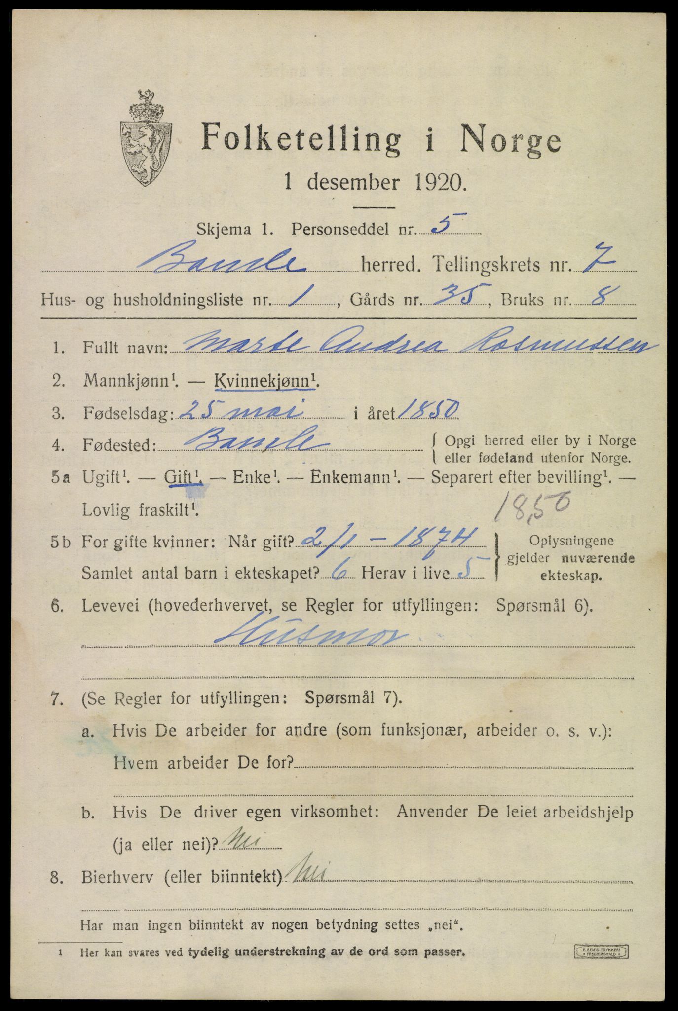 SAKO, 1920 census for Bamble, 1920, p. 6919