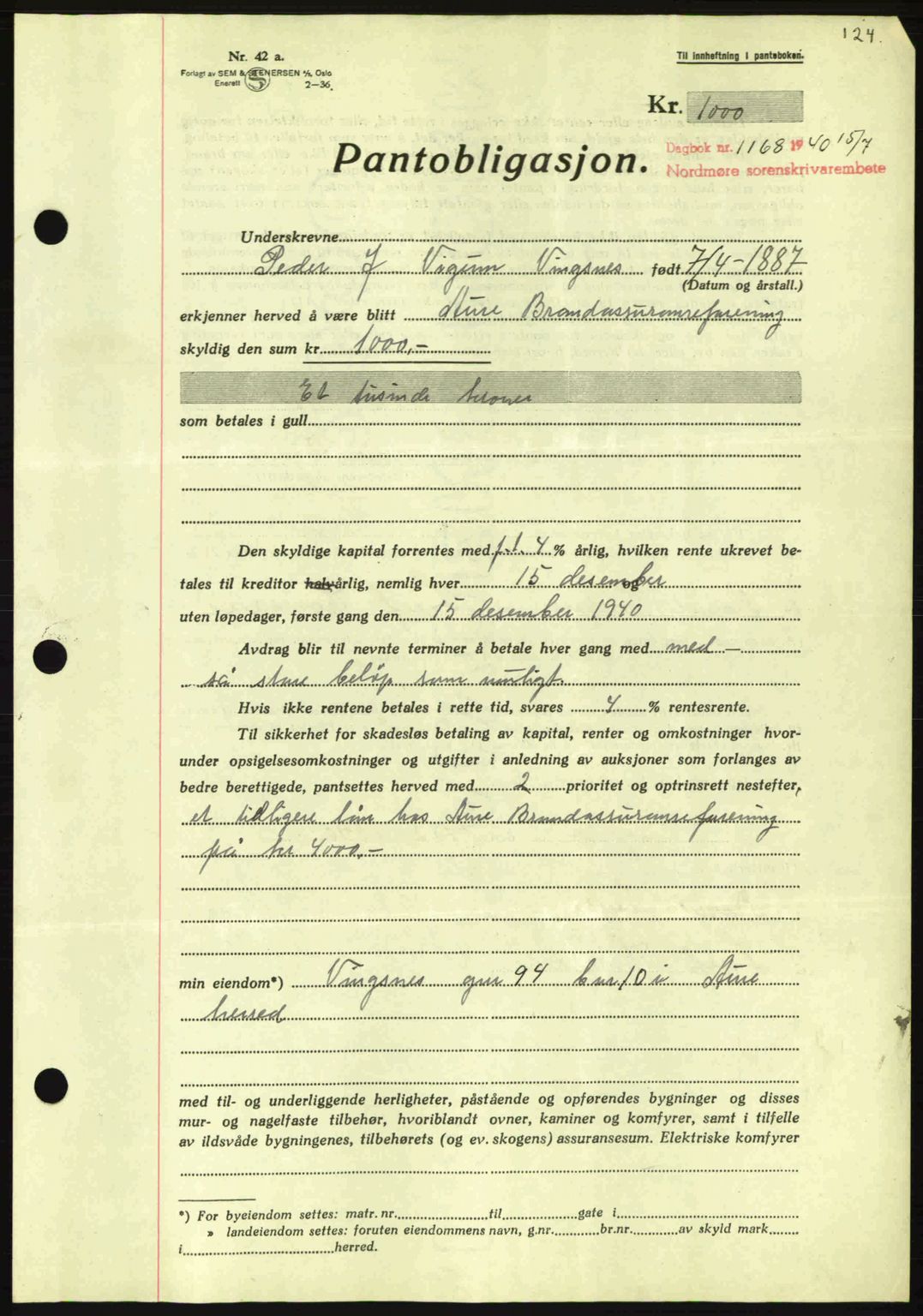 Nordmøre sorenskriveri, AV/SAT-A-4132/1/2/2Ca: Mortgage book no. B87, 1940-1941, Diary no: : 1168/1940