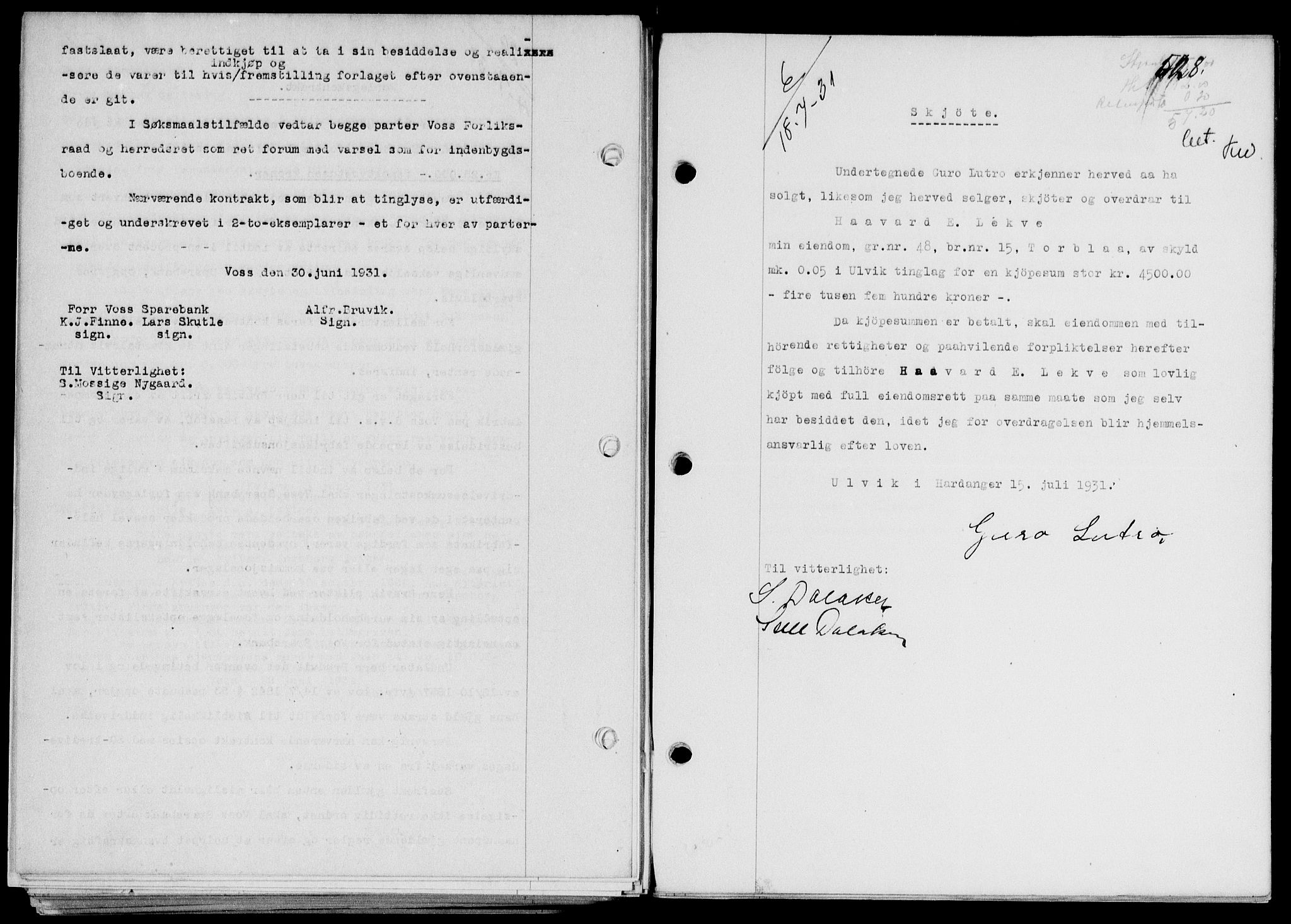 Voss sorenskrivar, AV/SAB-A-2701/G/Ga/Gab/L0004: Mortgage book no. II.A.b.19, 1930-1931, Deed date: 18.07.1931