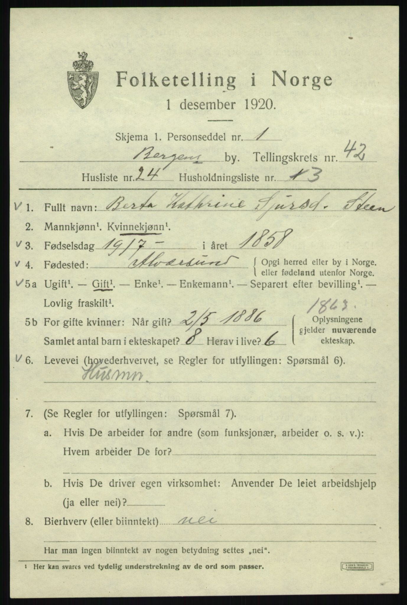 SAB, 1920 census for Bergen, 1920, p. 110379