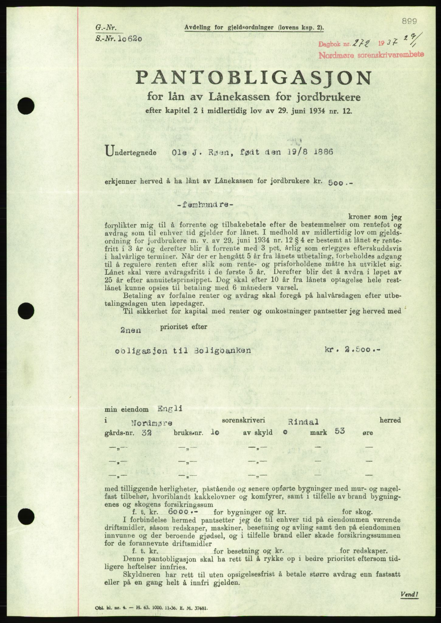 Nordmøre sorenskriveri, AV/SAT-A-4132/1/2/2Ca/L0090: Mortgage book no. B80, 1936-1937, Diary no: : 272/1937