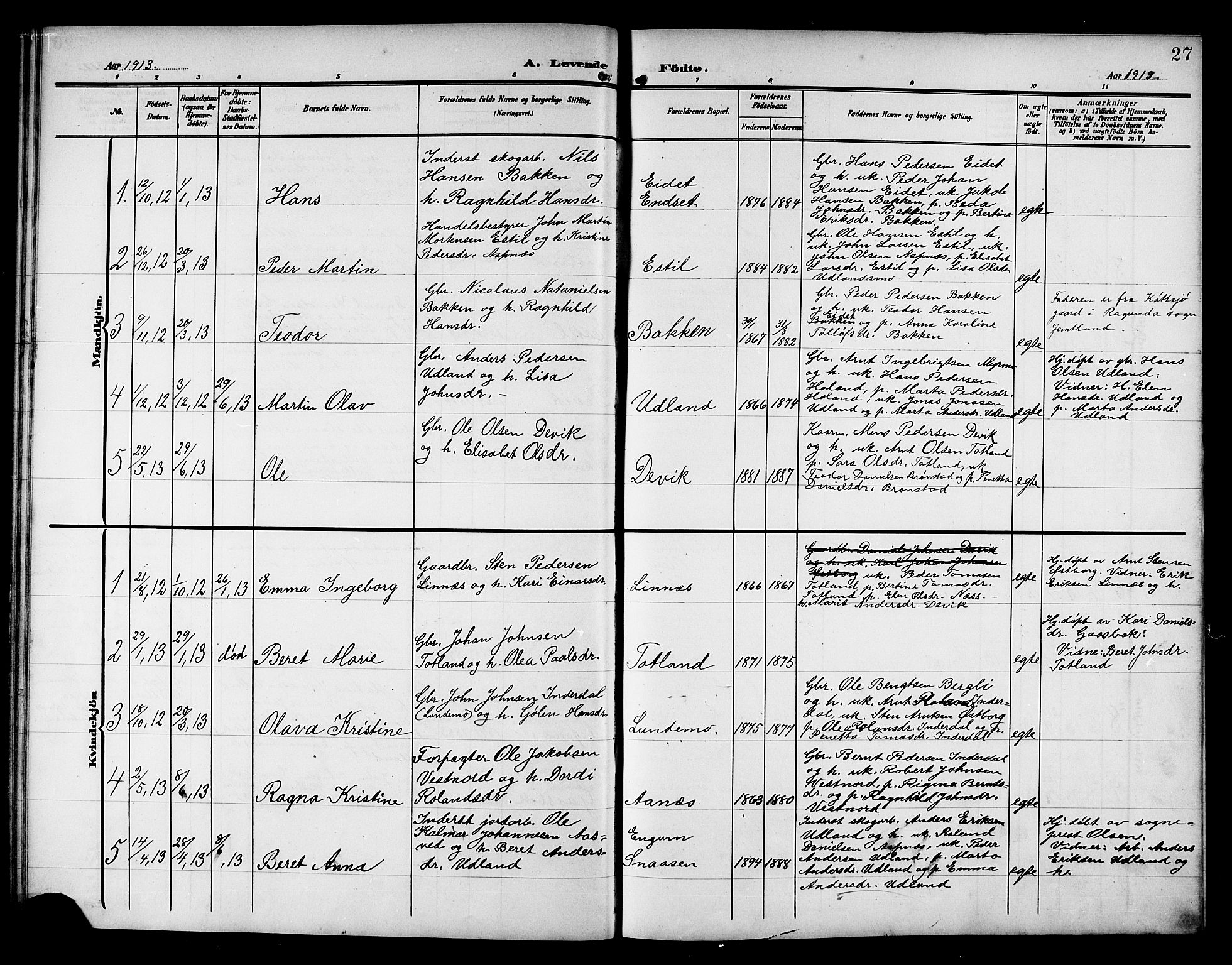 Ministerialprotokoller, klokkerbøker og fødselsregistre - Nord-Trøndelag, AV/SAT-A-1458/757/L0506: Parish register (copy) no. 757C01, 1904-1922, p. 27