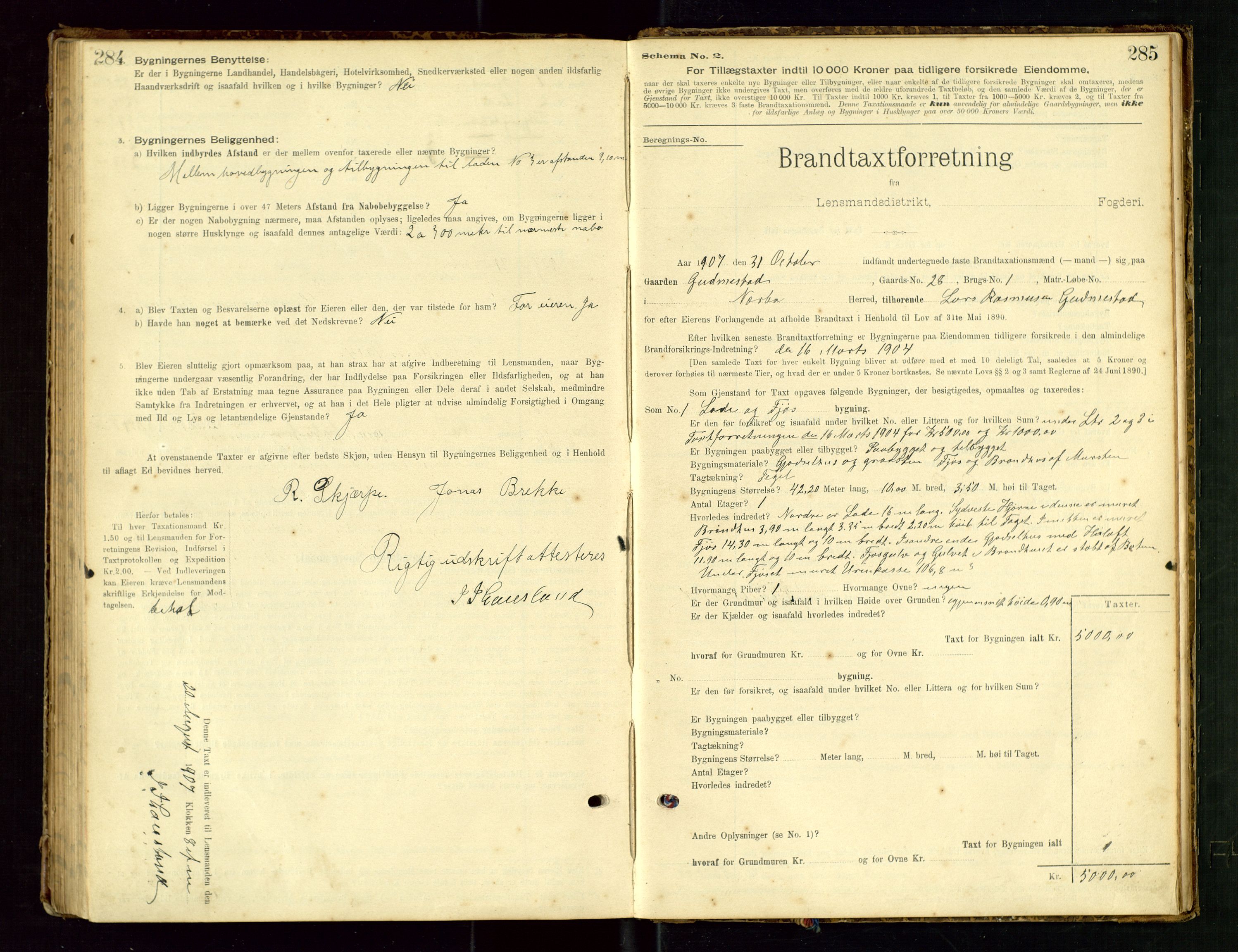 Hå lensmannskontor, SAST/A-100456/Goa/L0003: Takstprotokoll (skjema), 1895-1911, p. 284-285