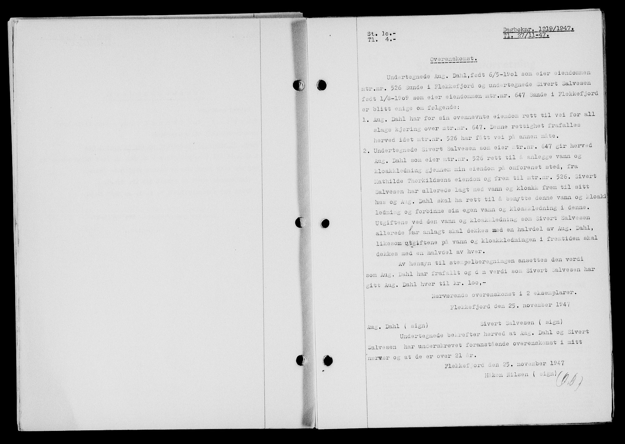 Flekkefjord sorenskriveri, SAK/1221-0001/G/Gb/Gba/L0063: Mortgage book no. A-11, 1947-1948, Diary no: : 1219/1947