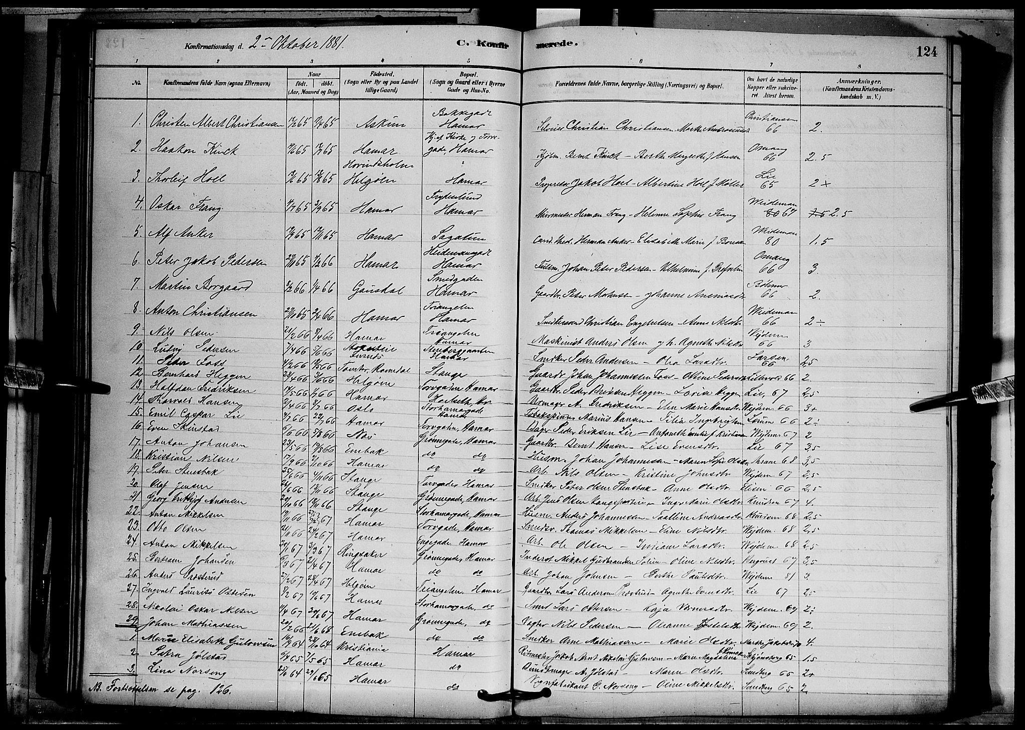 Vang prestekontor, Hedmark, SAH/PREST-008/H/Ha/Hab/L0012: Parish register (copy) no. 12, 1878-1889, p. 124