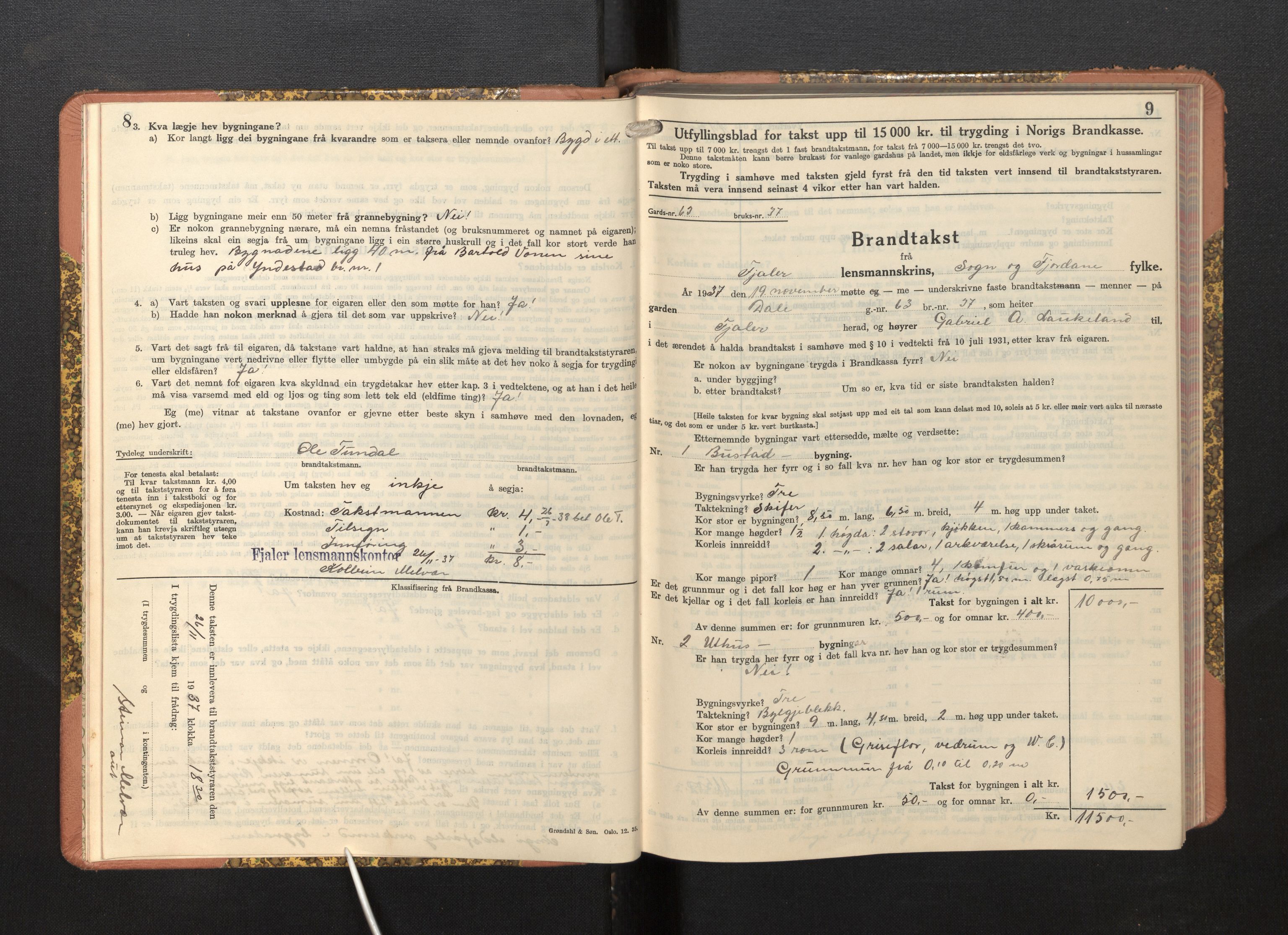 Lensmannen i Fjaler, AV/SAB-A-27201/0012/L0007: Branntakstprotokoll, skjematakst, 1937-1950, p. 8-9