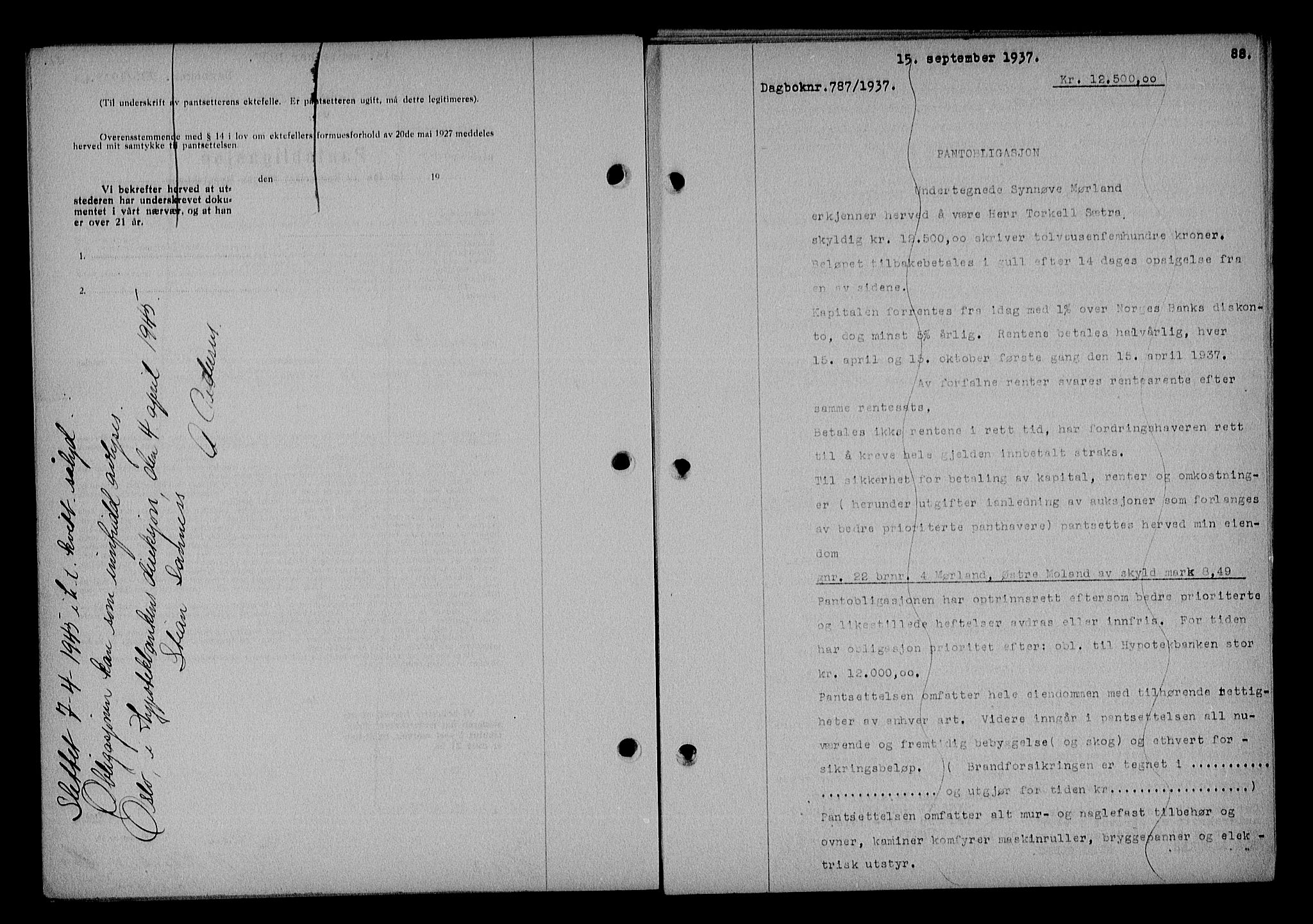 Nedenes sorenskriveri, SAK/1221-0006/G/Gb/Gba/L0044: Mortgage book no. 40, 1937-1938, Diary no: : 787/1937