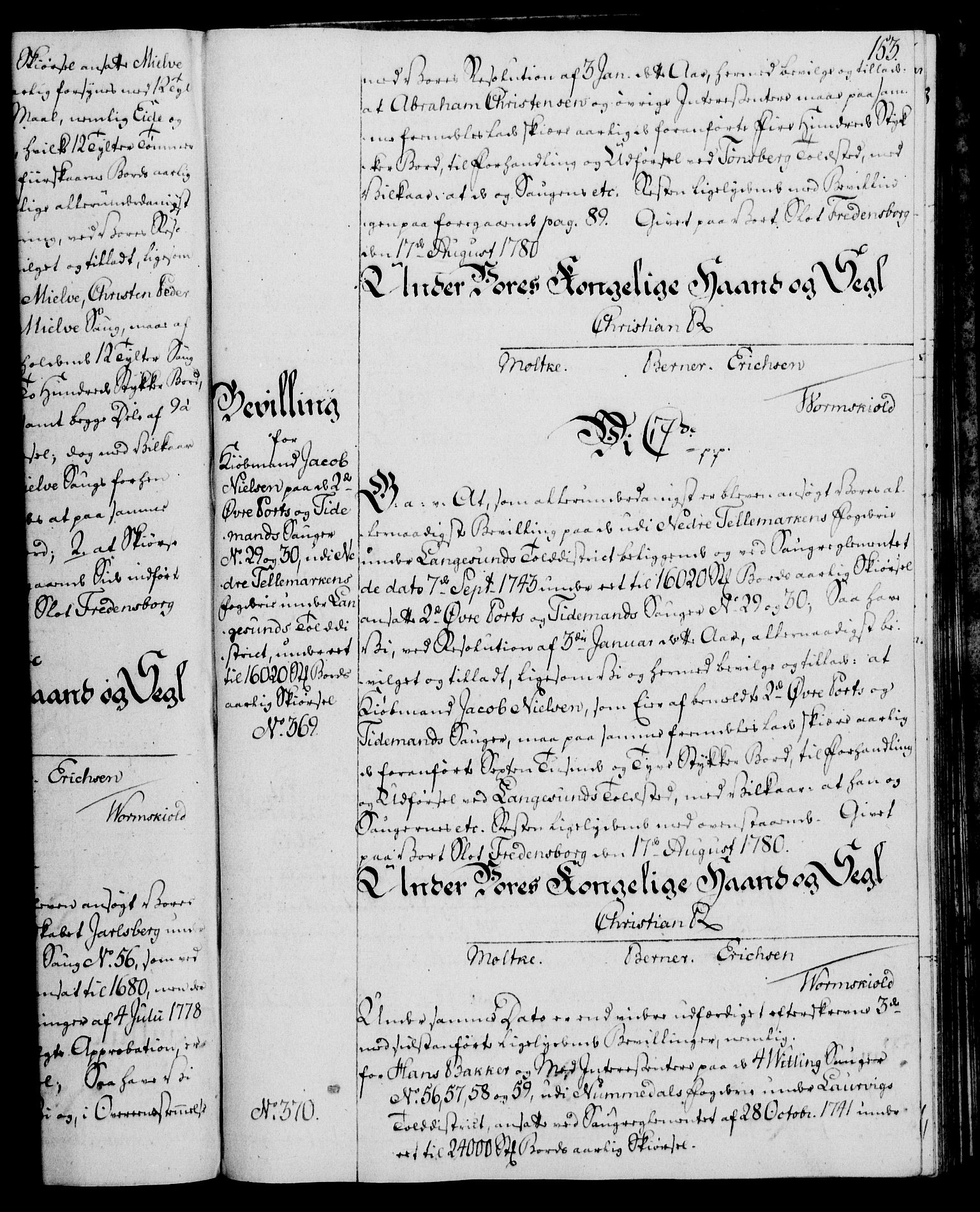 Rentekammeret, Kammerkanselliet, AV/RA-EA-3111/G/Gg/Gga/L0011: Norsk ekspedisjonsprotokoll med register (merket RK 53.11), 1779-1781, p. 153