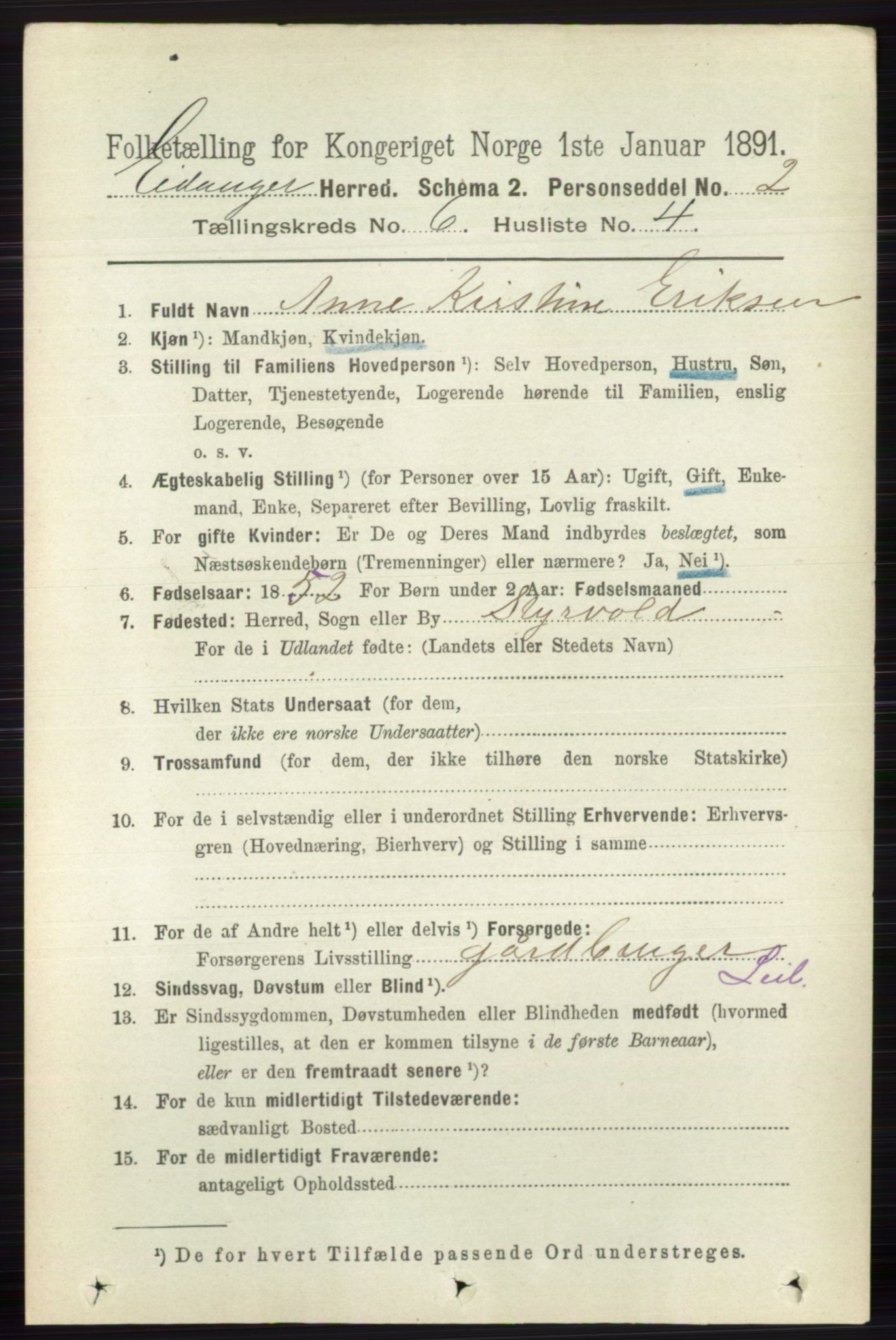 RA, 1891 census for 0813 Eidanger, 1891, p. 2586