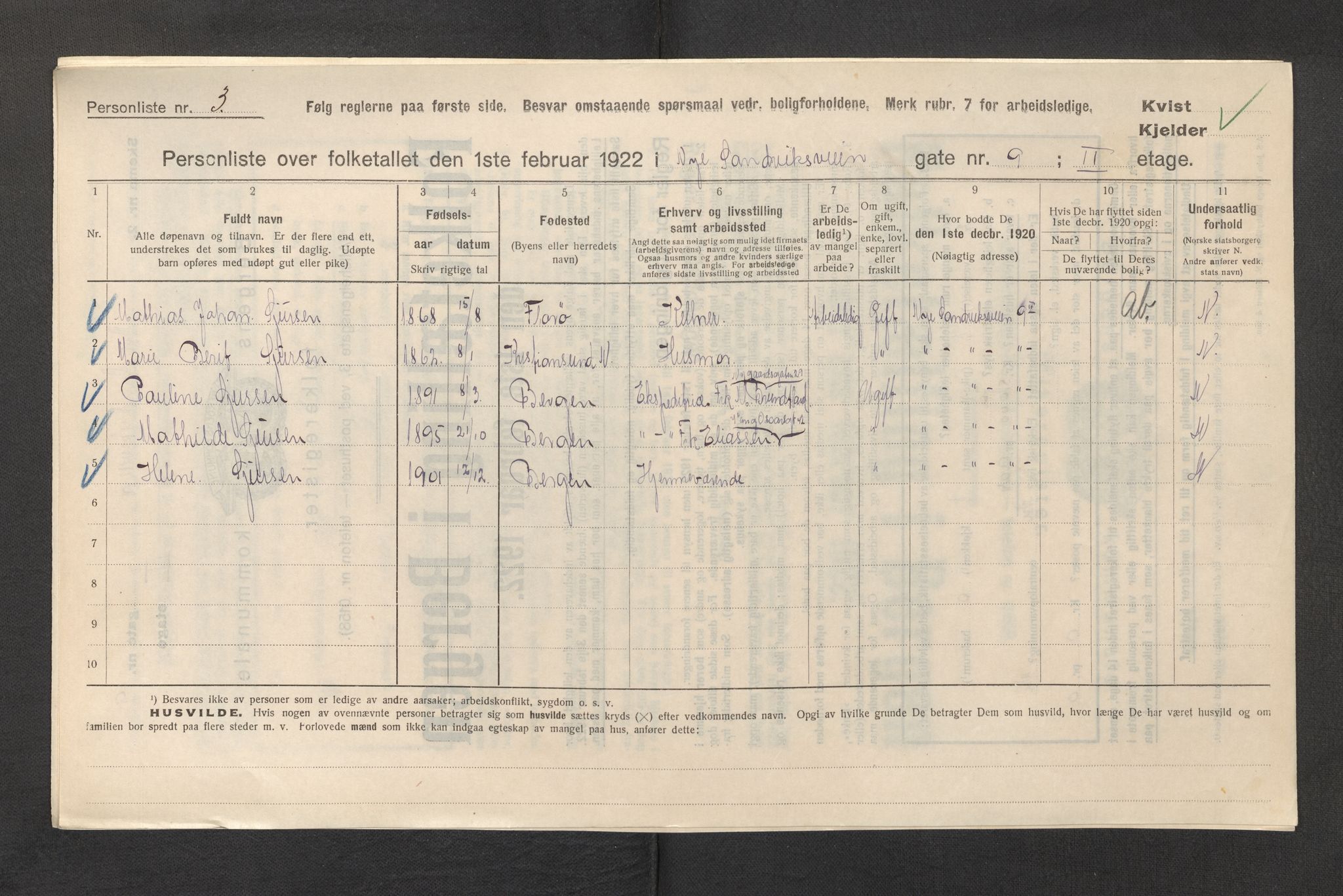 SAB, Municipal Census 1922 for Bergen, 1922, p. 34640