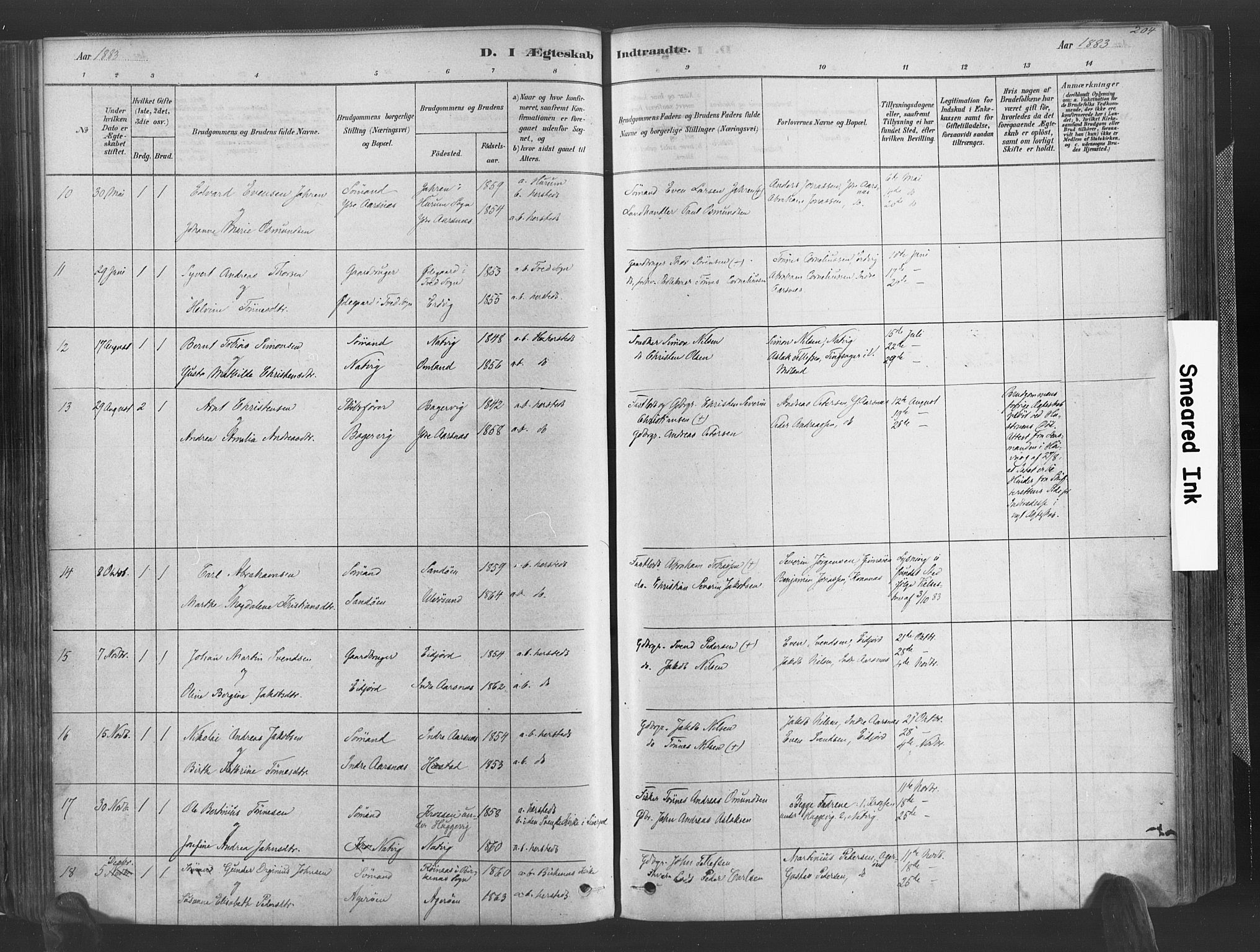 Høvåg sokneprestkontor, SAK/1111-0025/F/Fa/L0005: Parish register (official) no. A 5, 1878-1893, p. 204