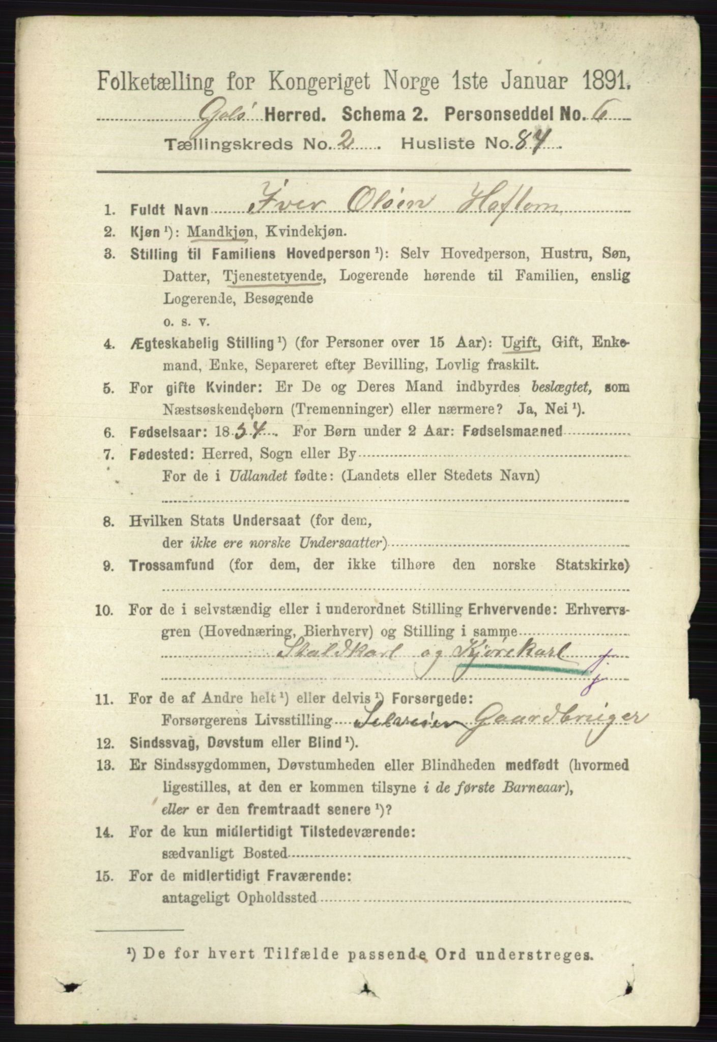 RA, 1891 census for 0617 Gol og Hemsedal, 1891, p. 1188