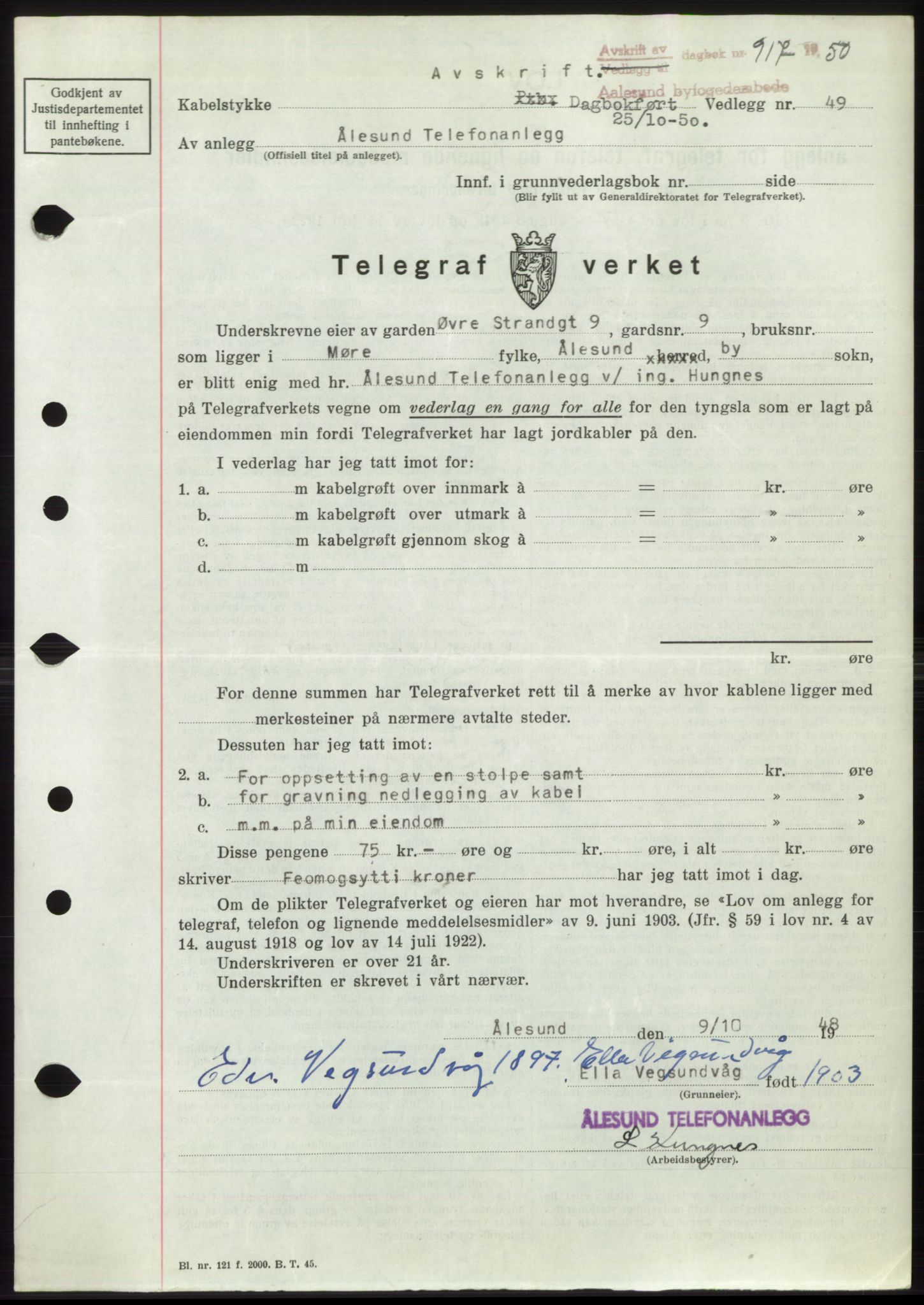 Ålesund byfogd, AV/SAT-A-4384: Mortgage book no. B36-38, 1948-1950, Diary no: : 917/1950