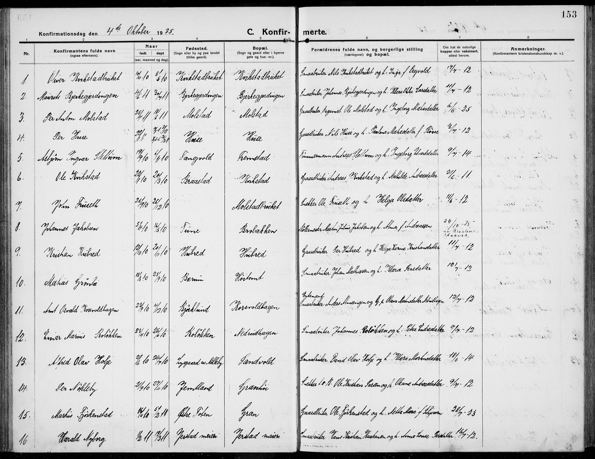 Kolbu prestekontor, SAH/PREST-110/H/Ha/Haa/L0002: Parish register (official) no. 2, 1912-1926, p. 153