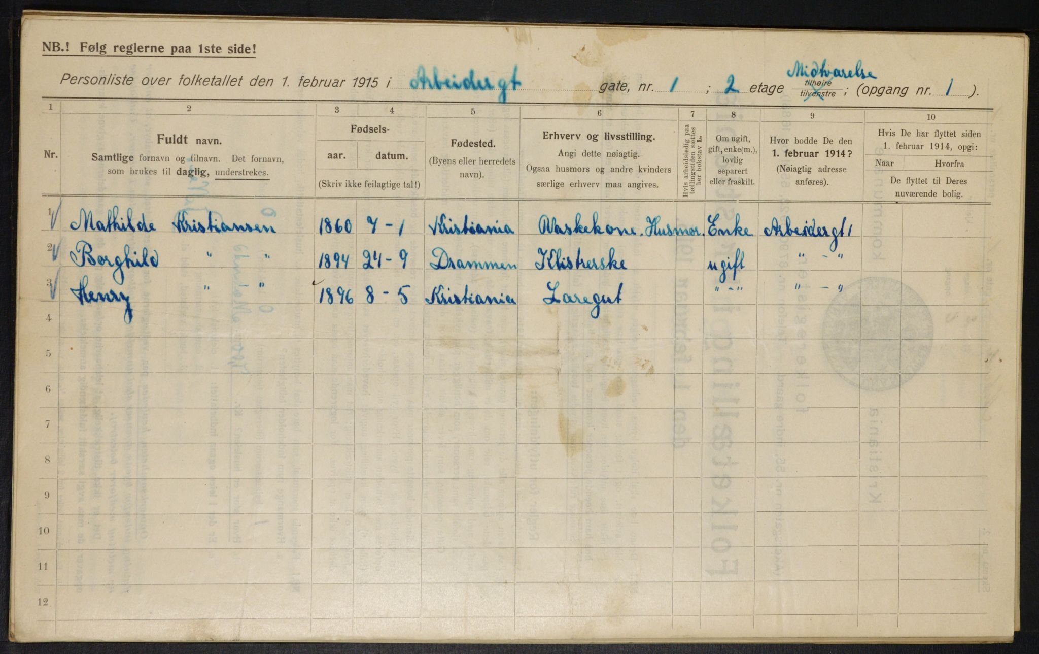 OBA, Municipal Census 1915 for Kristiania, 1915, p. 1425
