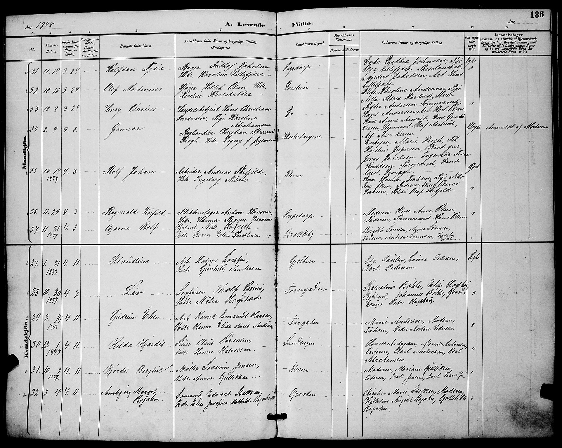 Skien kirkebøker, AV/SAKO-A-302/G/Ga/L0007: Parish register (copy) no. 7, 1891-1900, p. 136