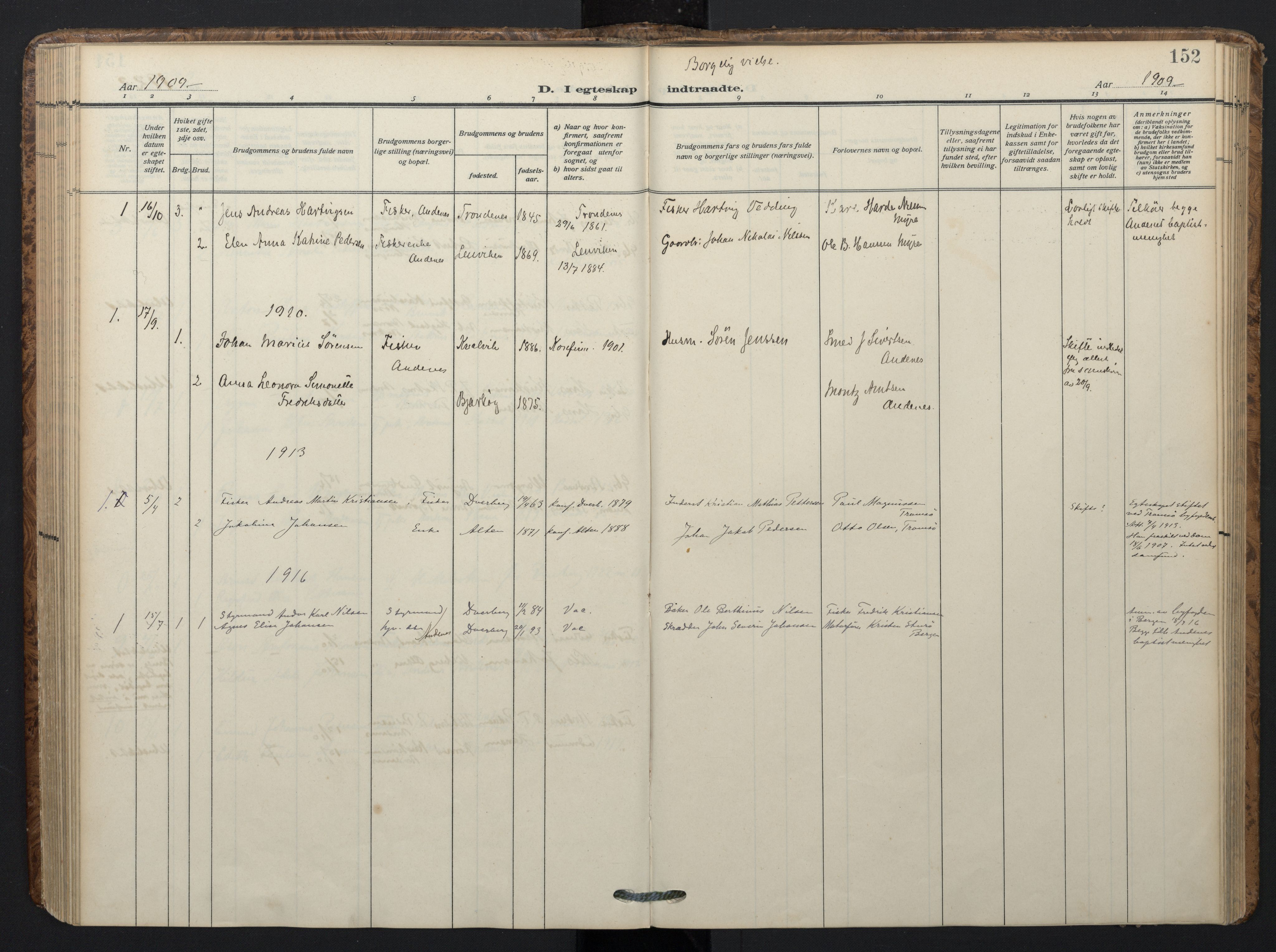 Ministerialprotokoller, klokkerbøker og fødselsregistre - Nordland, SAT/A-1459/899/L1438: Parish register (official) no. 899A06, 1909-1922, p. 152